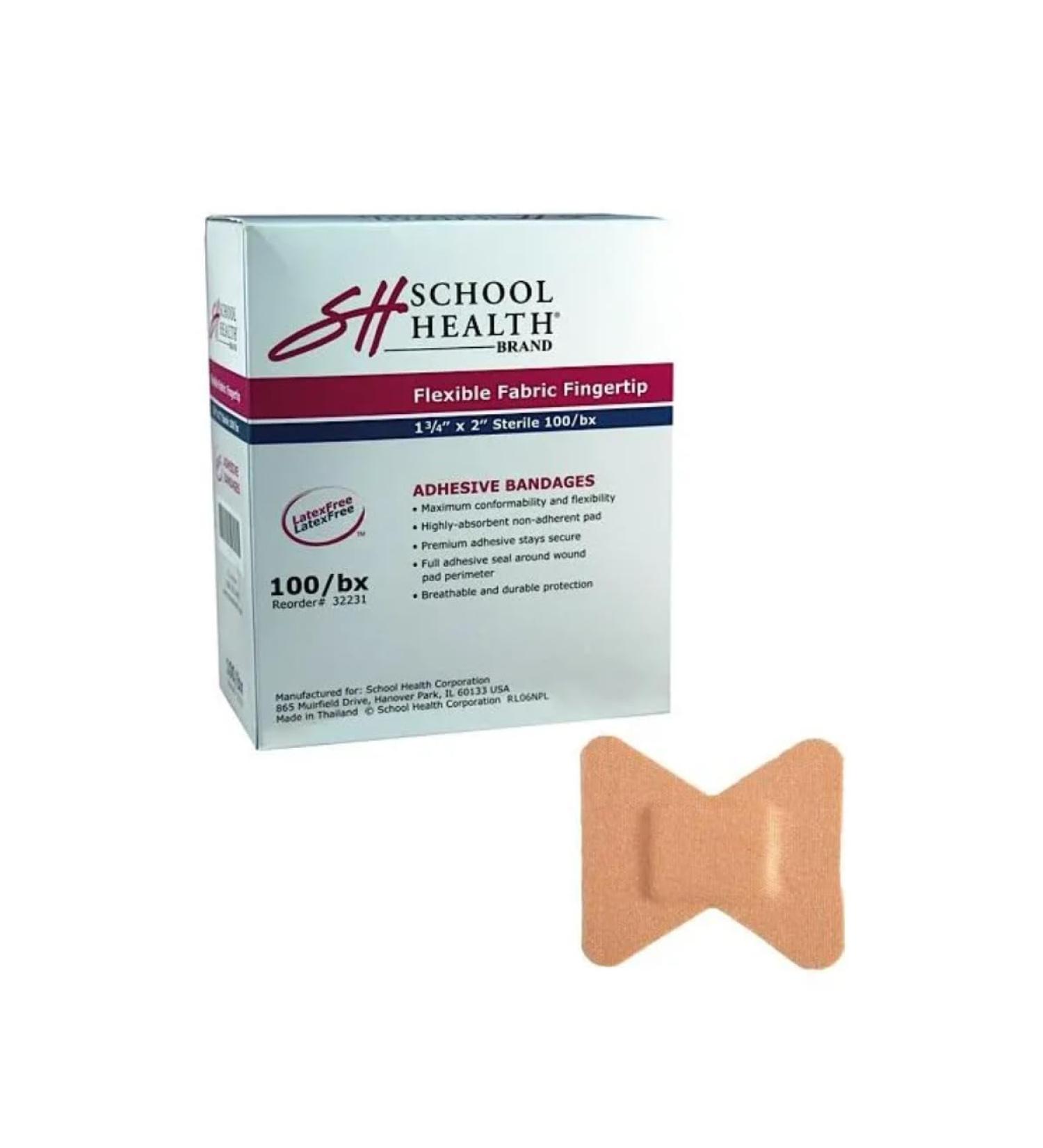 School Health - Flexible Fingertip Adhesive Bandages - Wound Care for Cuts and Scrapes Premium Adhesive Stays Secure with Movement Flexible Fabric Bandages 1-3/4" X 2" 100/Box