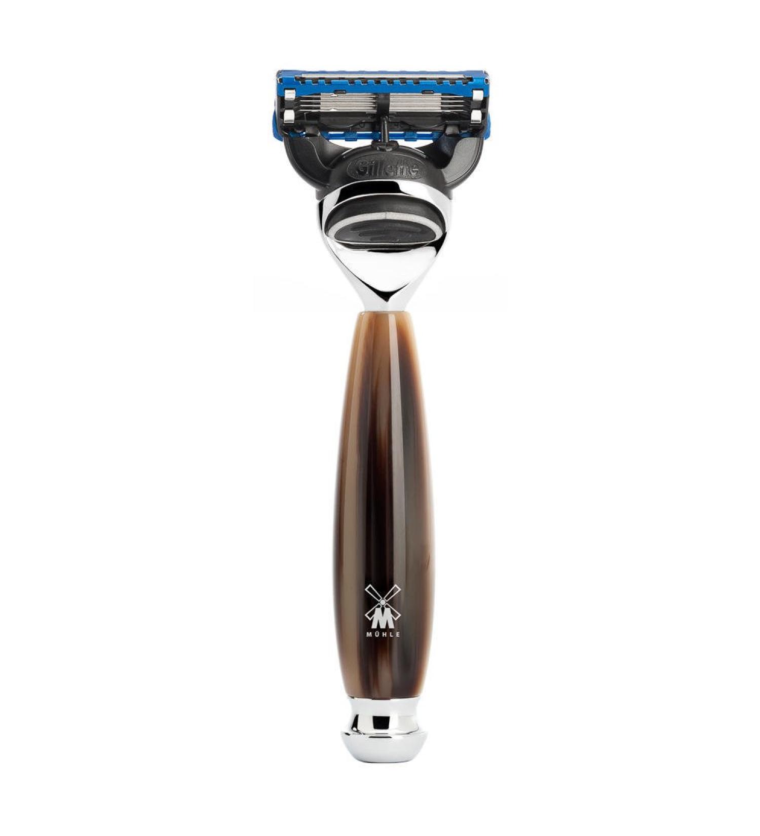 M HLE Vivo 5-blade razor compatible with Gillette blades - handle made of horn-brown precious resin and metal accents