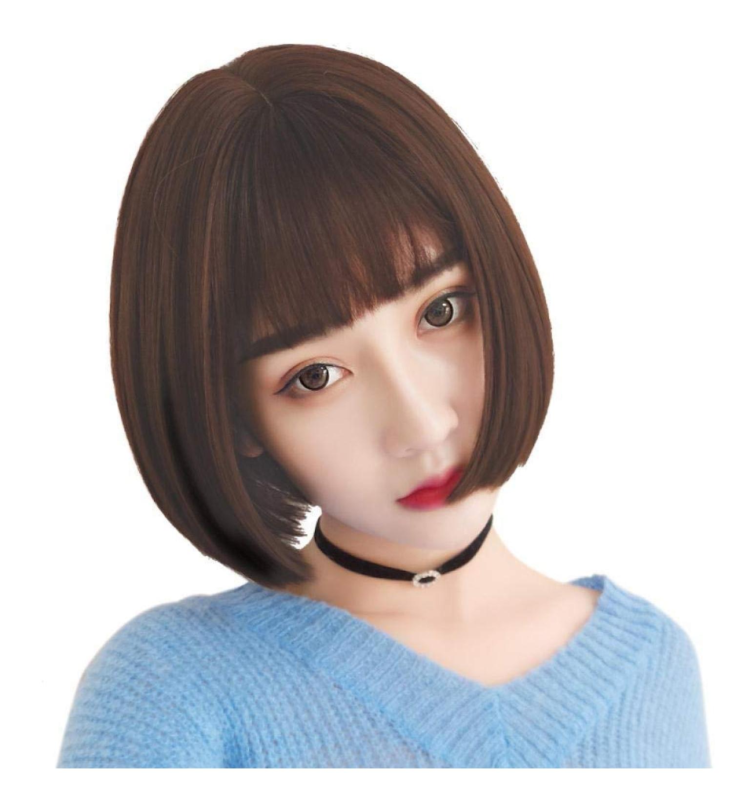 BGHJUE Wig female short hair bobo head short straight hair round face natural full head set handsome wig set