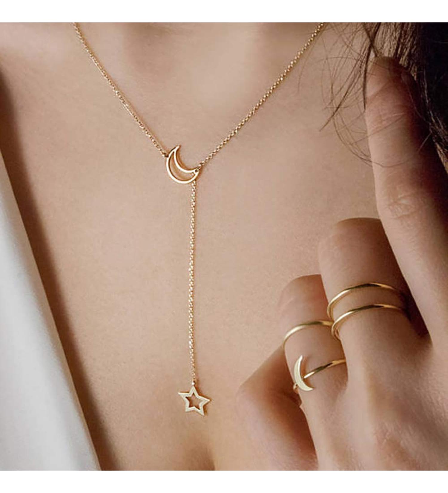 DoubleNine Lariat Necklace with Star Moon Charm - Dainty Gold Y Necklace for Bridesmaids & Women | Elegant Jewelry Accessories - Buy Online on GoSupps.com