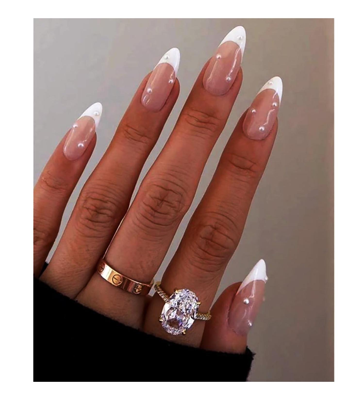 Brishow Pink French Short Artificial Nails - 24 Pearl Press-On Ballerina Acrylic Nails for Women & Girls | International Shipping Available - Buy Online on GoSupps.com