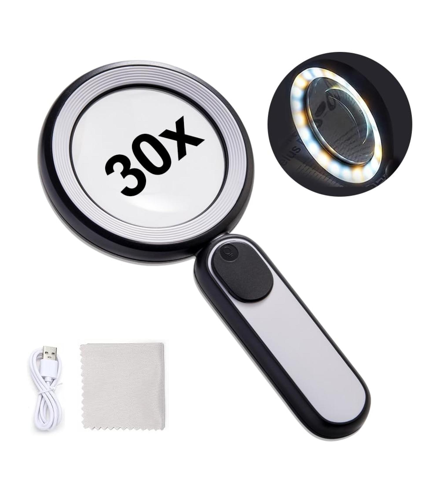 Udbrud Magnifying Glass with Light 30X Handheld Large Magnifying Glass with 3 Modes 21 LED Illuminated Lighted Magnifier USB for Macular Degeneration Seniors Reading Inspection Coins Jewelry Map - Buy Online on GoSupps.com