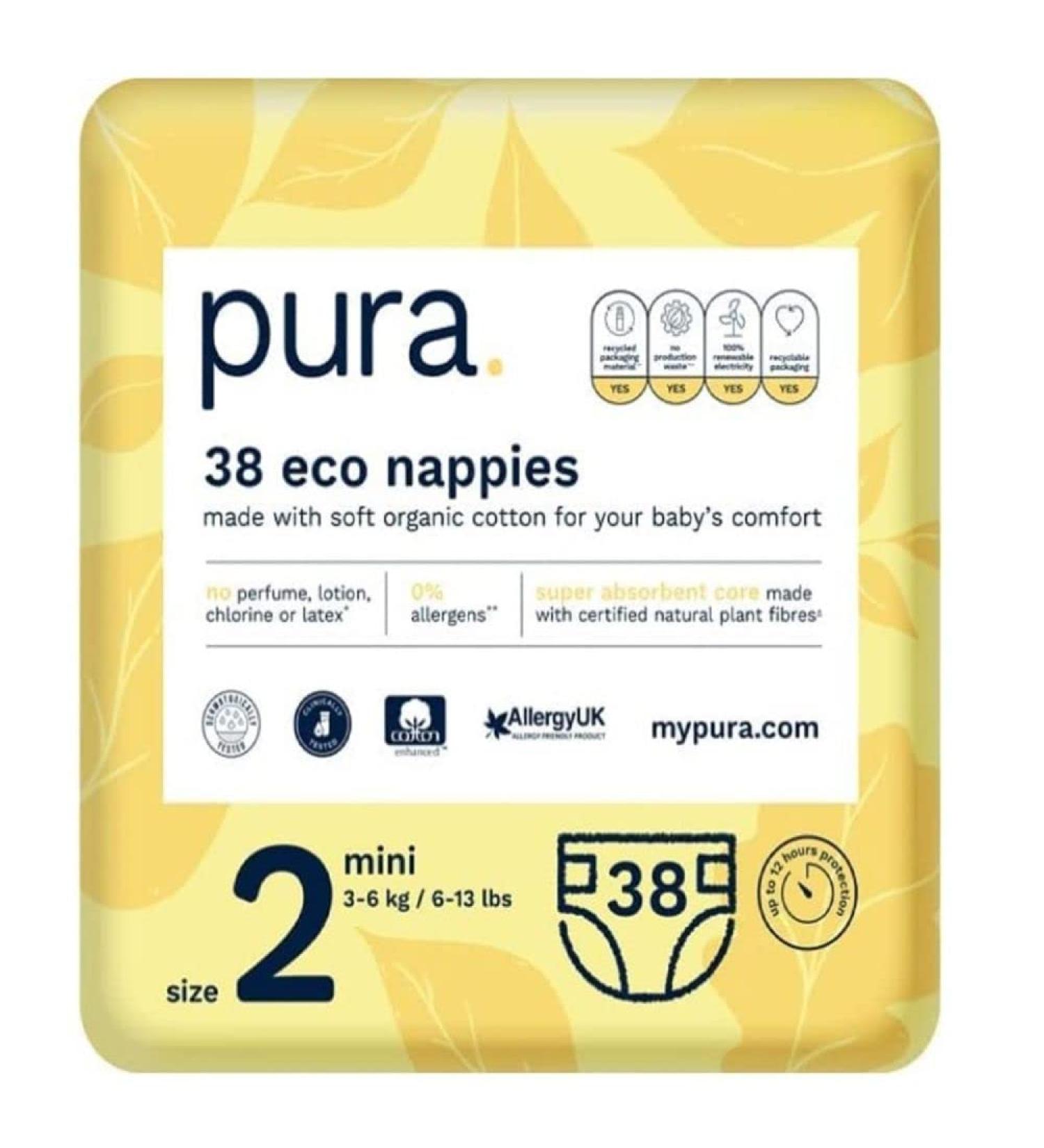 Pura eco-diapers size 2 (mini 3-6 kg) 38 diapers (1 pack) certified with EU Ecolabel for sensitive skin made of organic cotton odorless hypoallergenic moisture indicator size 2 (38 diapers)