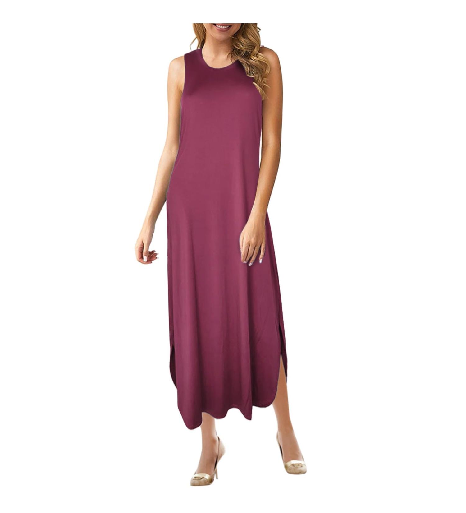 Women's Casual Summer Sleeveless Dress Loose Split Maxi Dresses with Pockets Beach Split Dresses T-Shirt Dress Wine X-Large - Buy Online on GoSupps.com