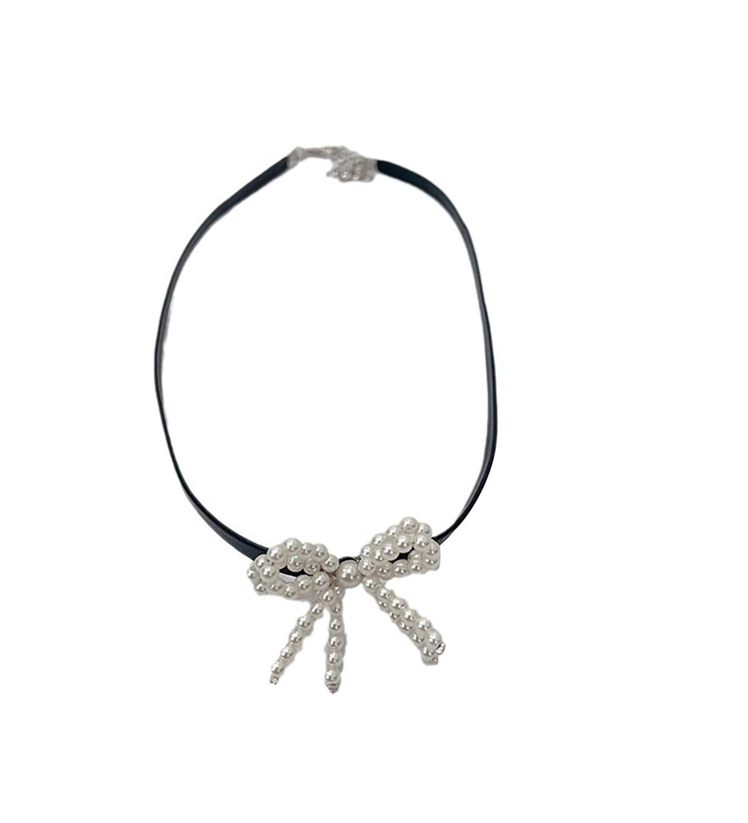 OralGos Faux Pearl Bow Pendant Necklace | Stylish Clavicle Chain & PU Leather Jewelry - International Shipping - Buy Online on GoSupps.com