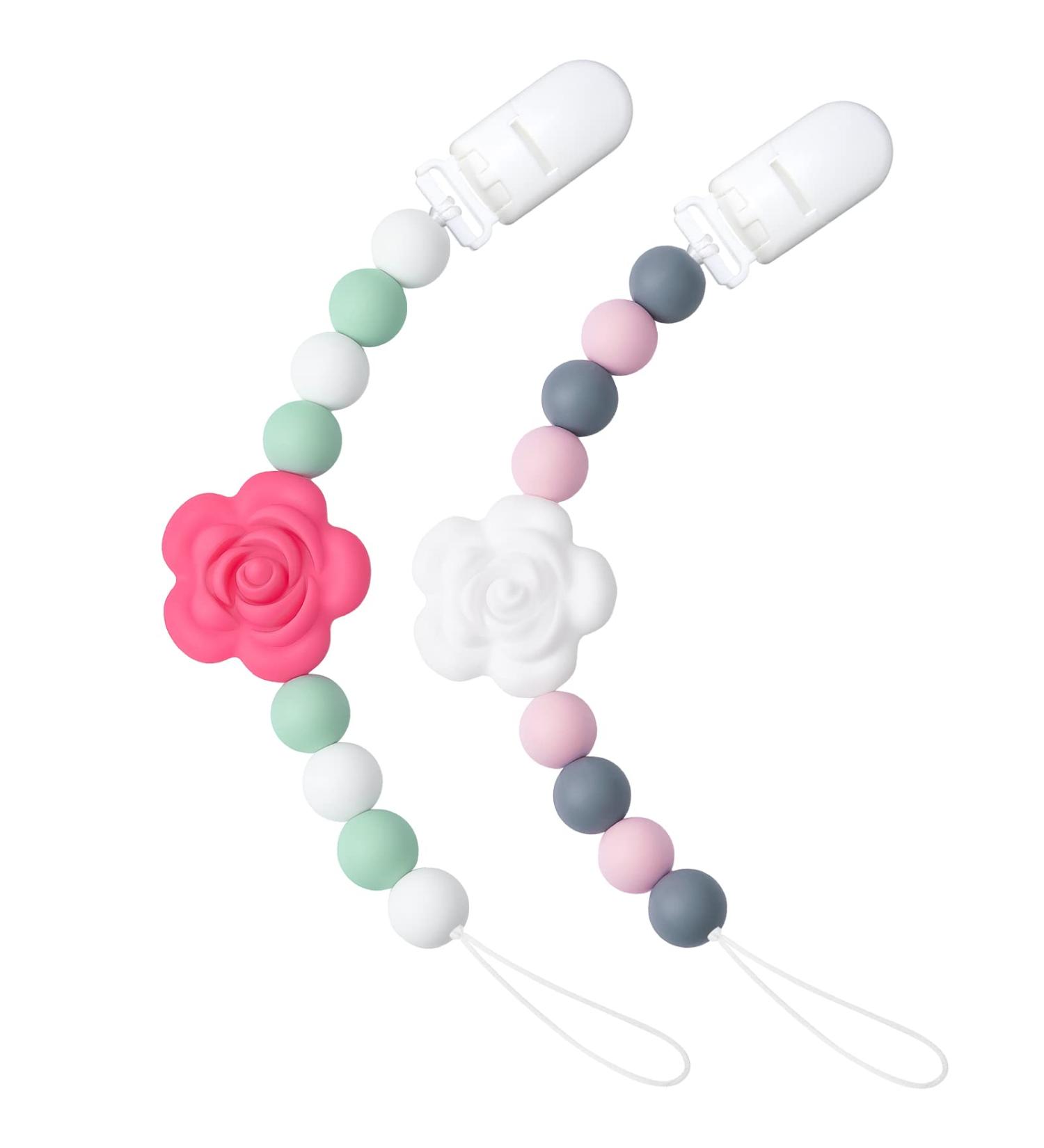 Pacifier Clip 2 Pack for Baby Boys and Girls - Neutral Binky Holder with Flower Design - Beige Grey and Green Grey - Buy Online on GoSupps.com