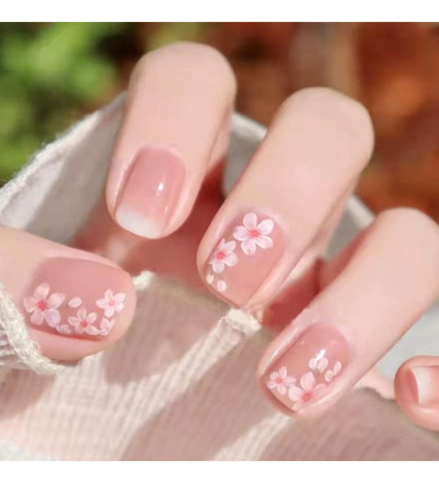 Cherry Blossom Flower Press on Nails - Short Pink Square Fake Nails with Nail Glue | French Acrylic Full Cover False Nails for Women & Girls - 24PCS - Buy Online on GoSupps.com