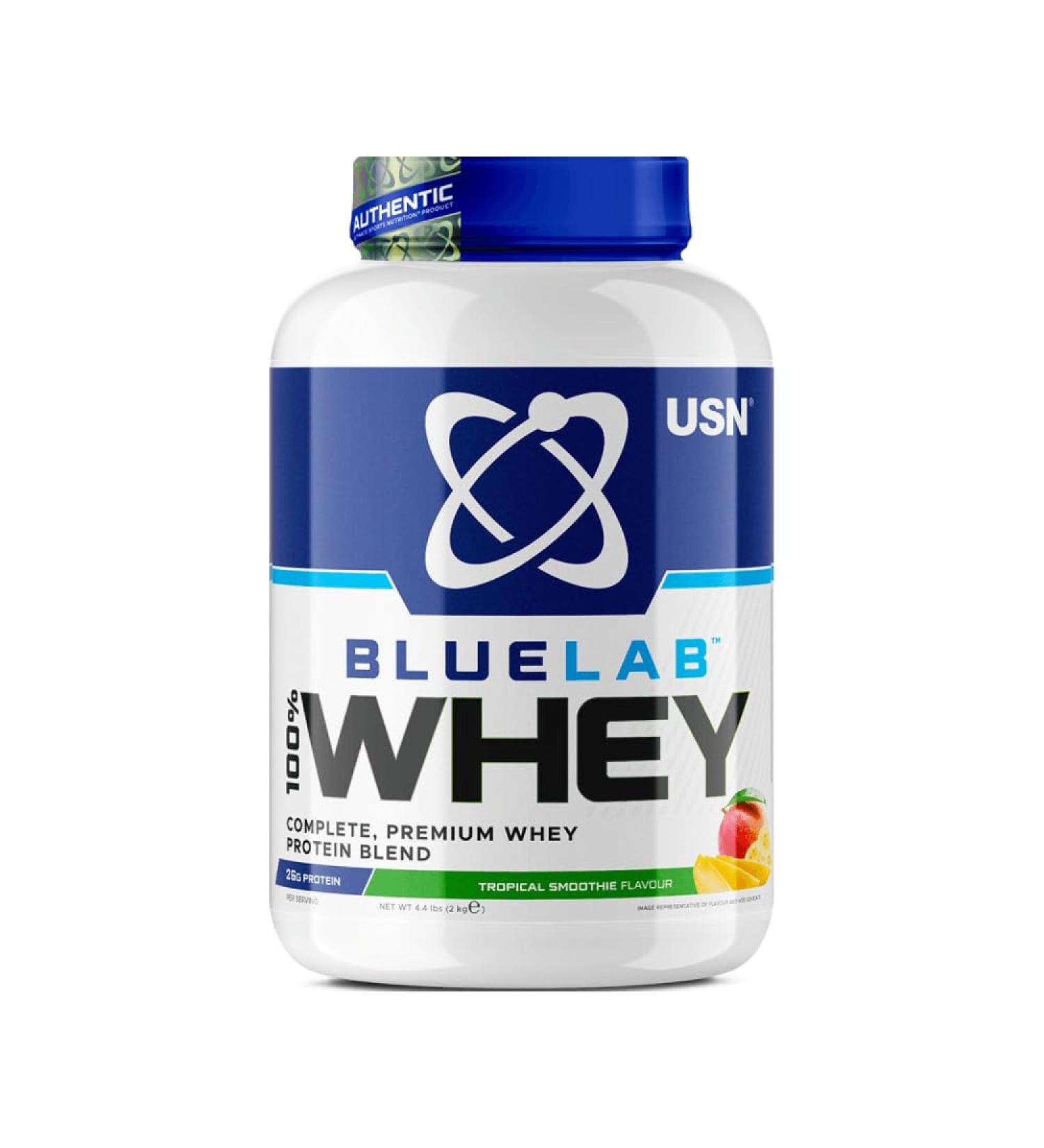 USN Blue Lab Whey Protein Drink Powder, Whey Protein & BCAA, Mass Gap & Recovery, Post-Workout Shaker, Tropical Smoothie Flavor, 2 kg, NBLW18