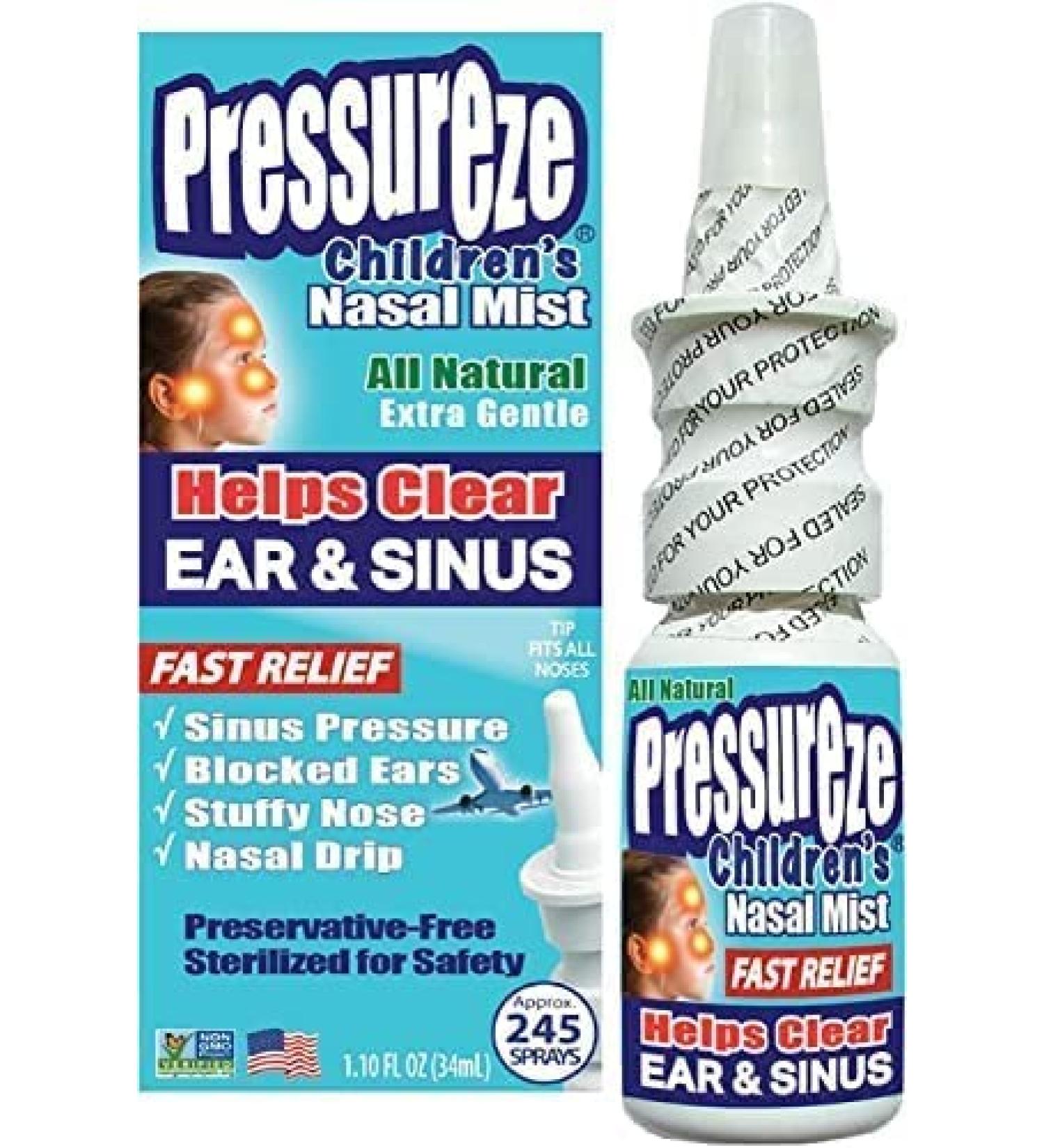 Pressureze Children's Sterile Nasal Spray 34ml - All Natural Relief for Sinus Allergy and Ear Congestion - Preservative-Free Decongestant Spray - 245 Sprays - 1.1 Fl Oz - Buy Online on GoSupps.com
