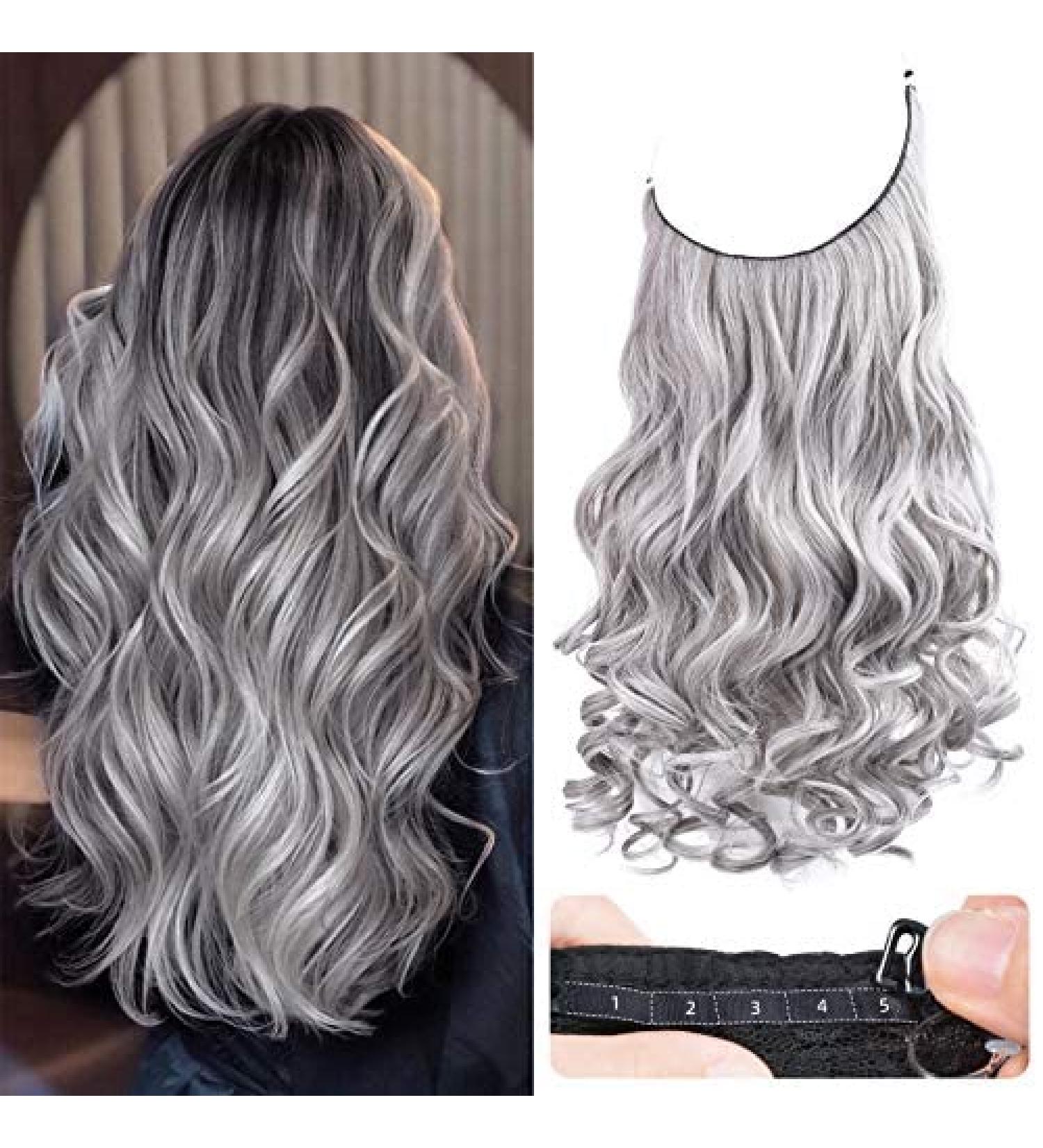 REECHO Invisible Wire Hair Extensions 20 Inch - Grey/Brown/Silver/White Mixed (Pack of 1) | Curly Wavy Secret Hairpiece with Adjustable Transparent Headband and Secure Clips for Women - Buy Online on GoSupps.com