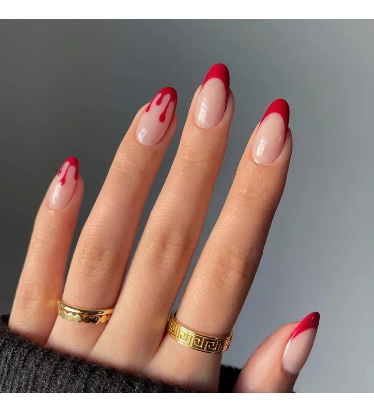 Shop Halloween Press on Nails - Medium Length Horror Bloody Fake Nails | Red French Tips Coffin Full Cover with Glue | 24Pcs for Halloween Party - Buy Online on GoSupps.com