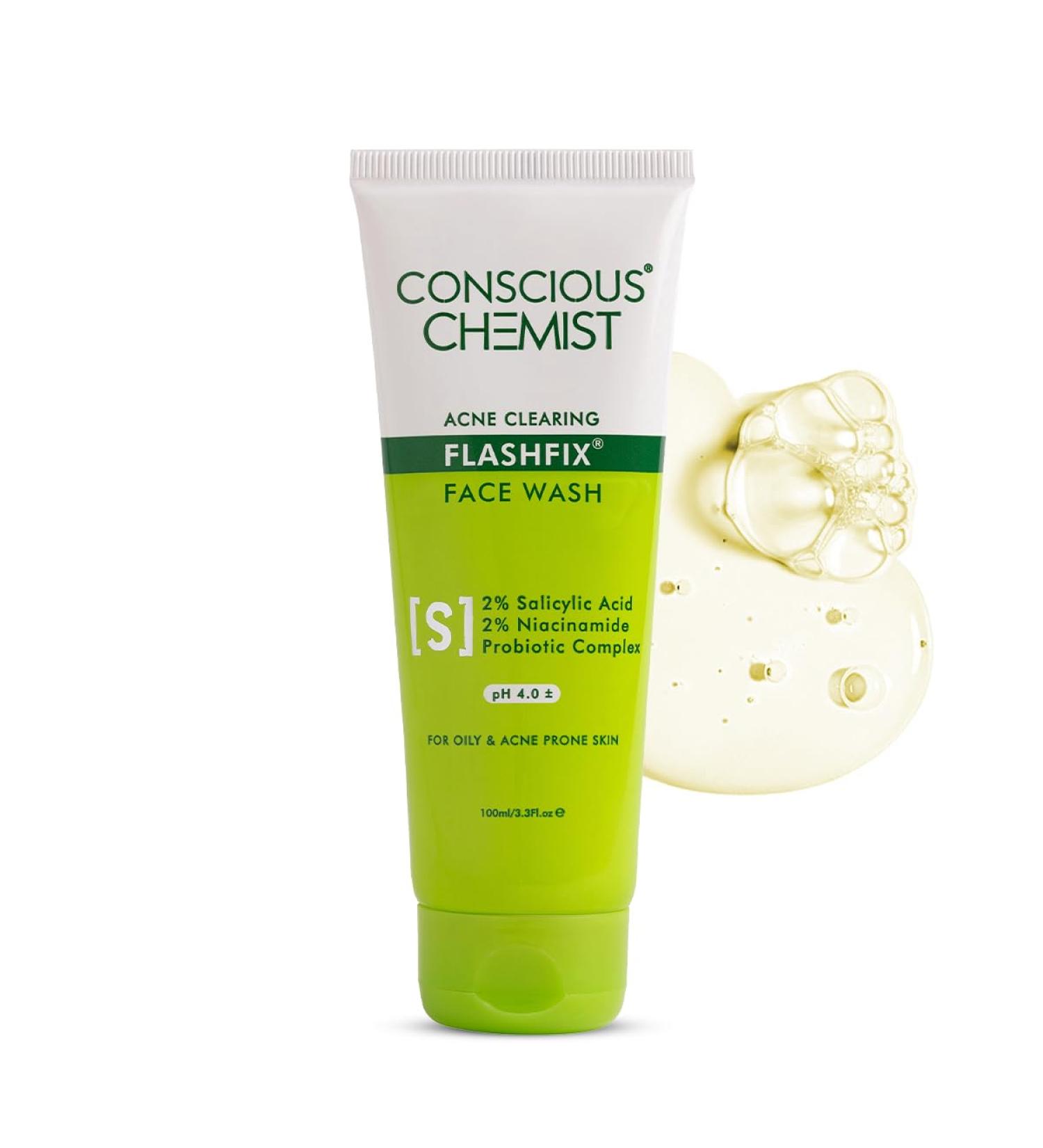 Conscious Chemist 2% Salicylic Acid Face Wash | 100ml | Face Wash for Oily & Acne Prone Skin for Men & Women Glycolic Acid & CICA Extract For Glowing & Radiant Skin Vegan & Cruelty Free - Flashfix - Buy Online on GoSupps.com