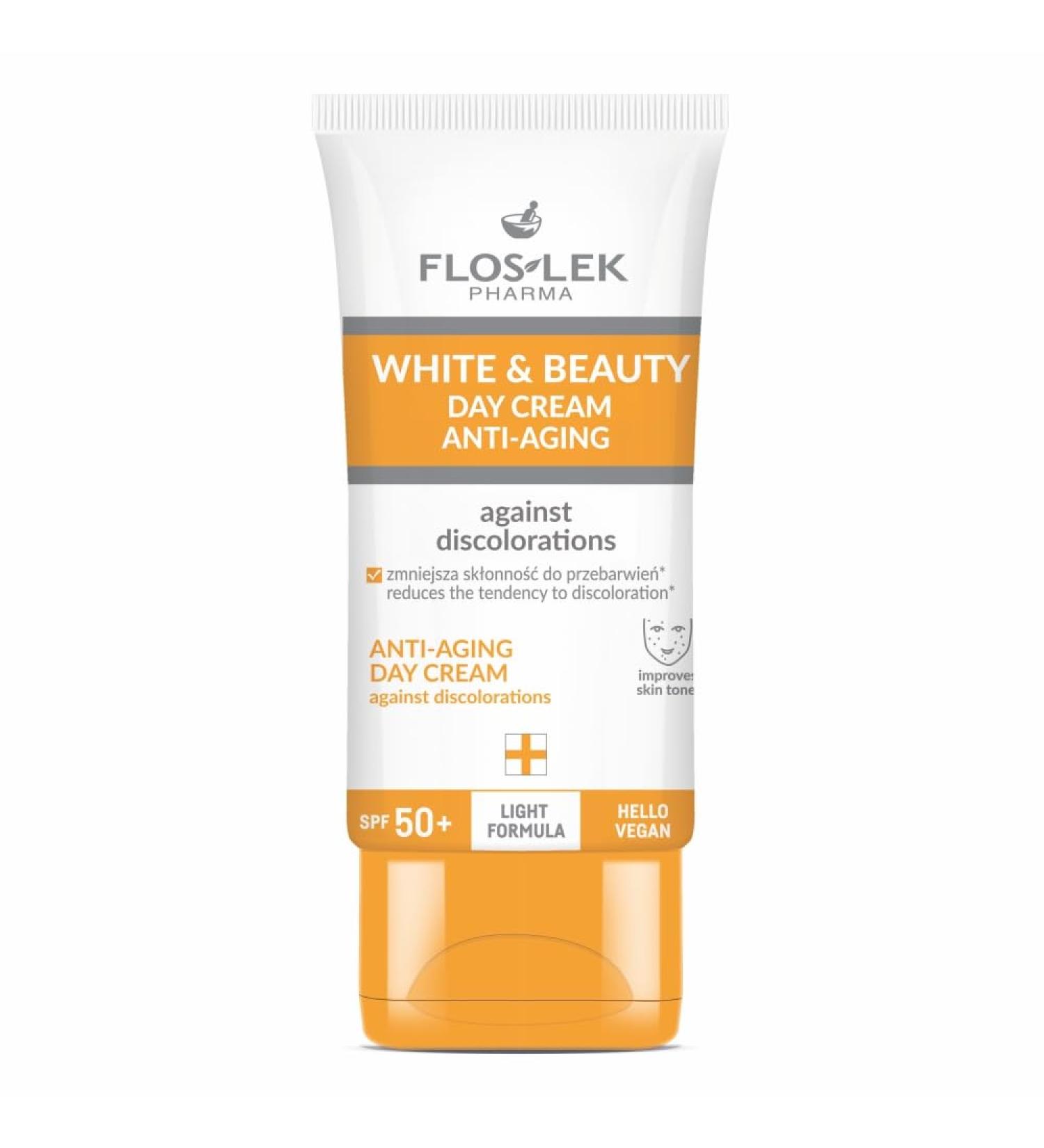 FLOSLEK White & Beauty Antiaging day cream against pigment spots SPF 50+ face cream with protection factor against wrinkles and eye rings removes age spots and impurities 50 ml - Buy Online on GoSupps.com