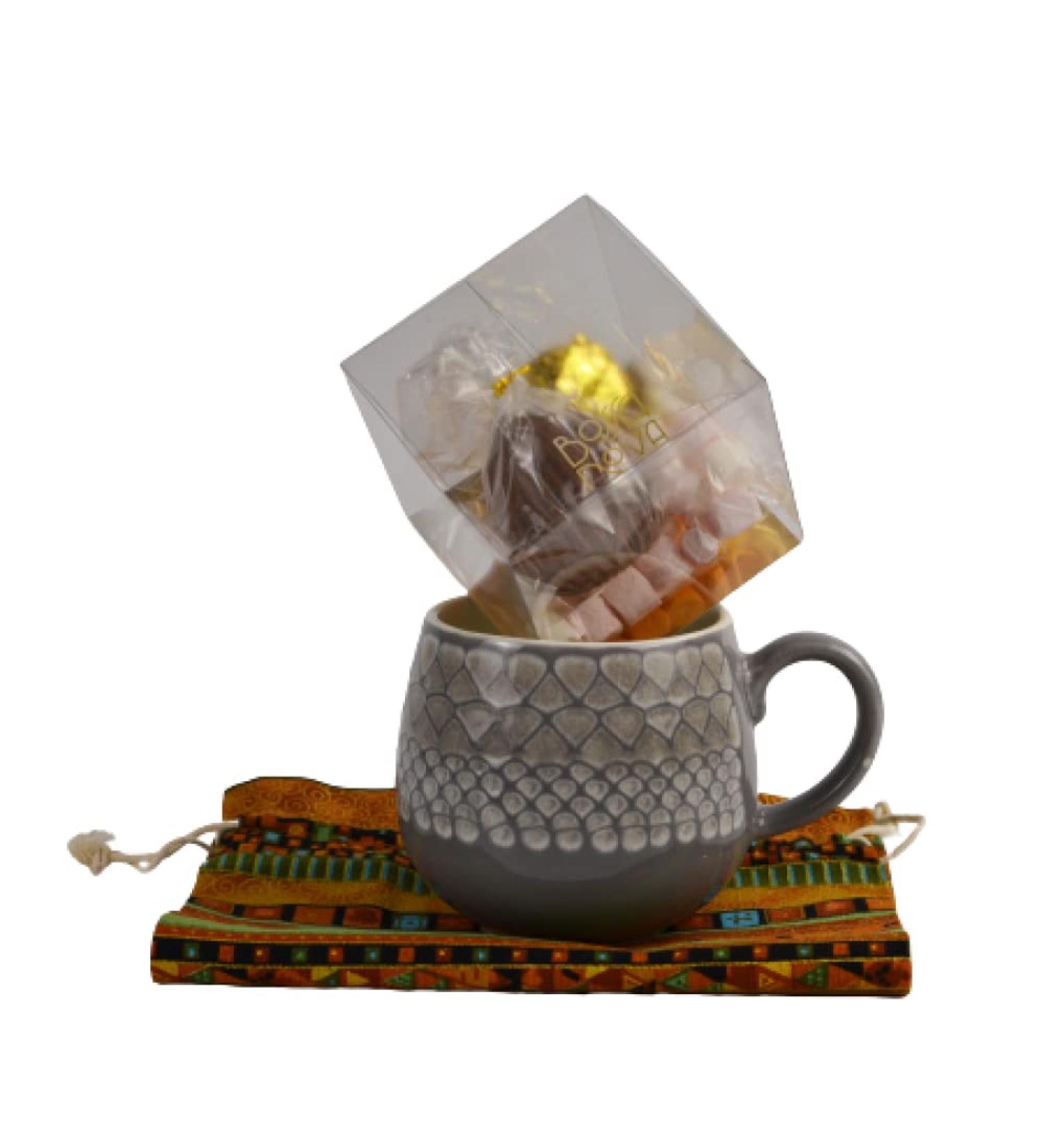 Bossa Nova Luxury Chocolate Bomb Gift Set Bundle Hot Chocolate with Marshmallows gift-wrapped in a textile bag with Mason Cash Impressions stoneware cosy mug With Mustard textile bag - Buy Online on GoSupps.com