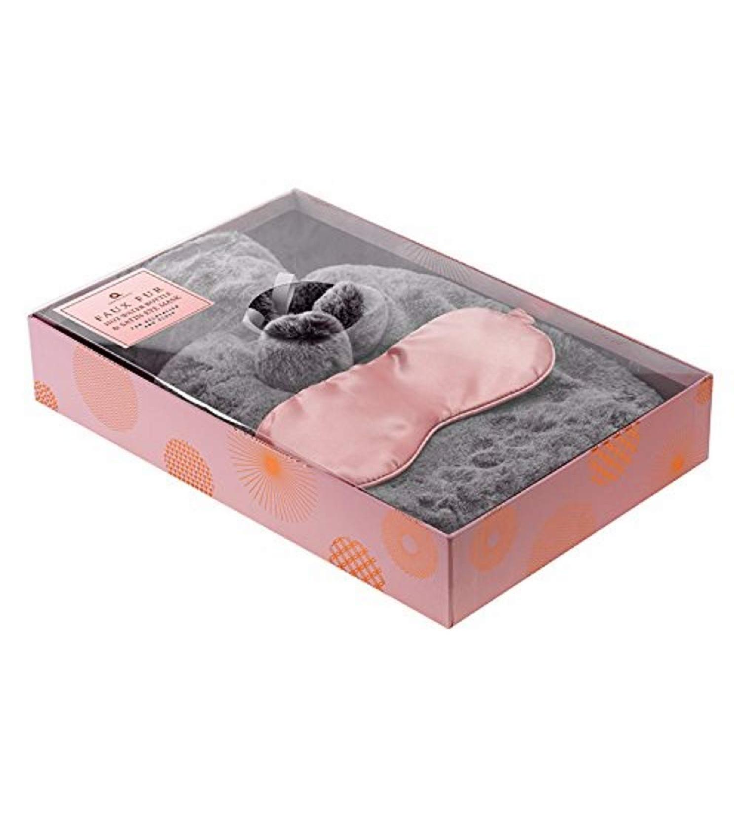 Grey Faux Fur Hot Water Bottle & Satin Eye Mask - Buy Online on GoSupps.com