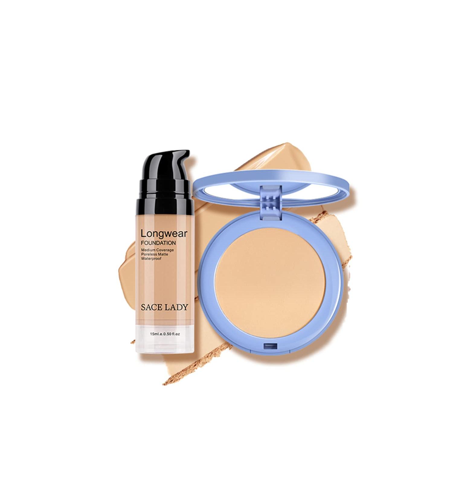 SACE LADY 2Pcs Face Make Up Set - Flawless Matte Foundation & Oil Control Pressed Powder for Lasting Coverage - Waterproof Natural Cosmetics Kit - Buy Online on GoSupps.com