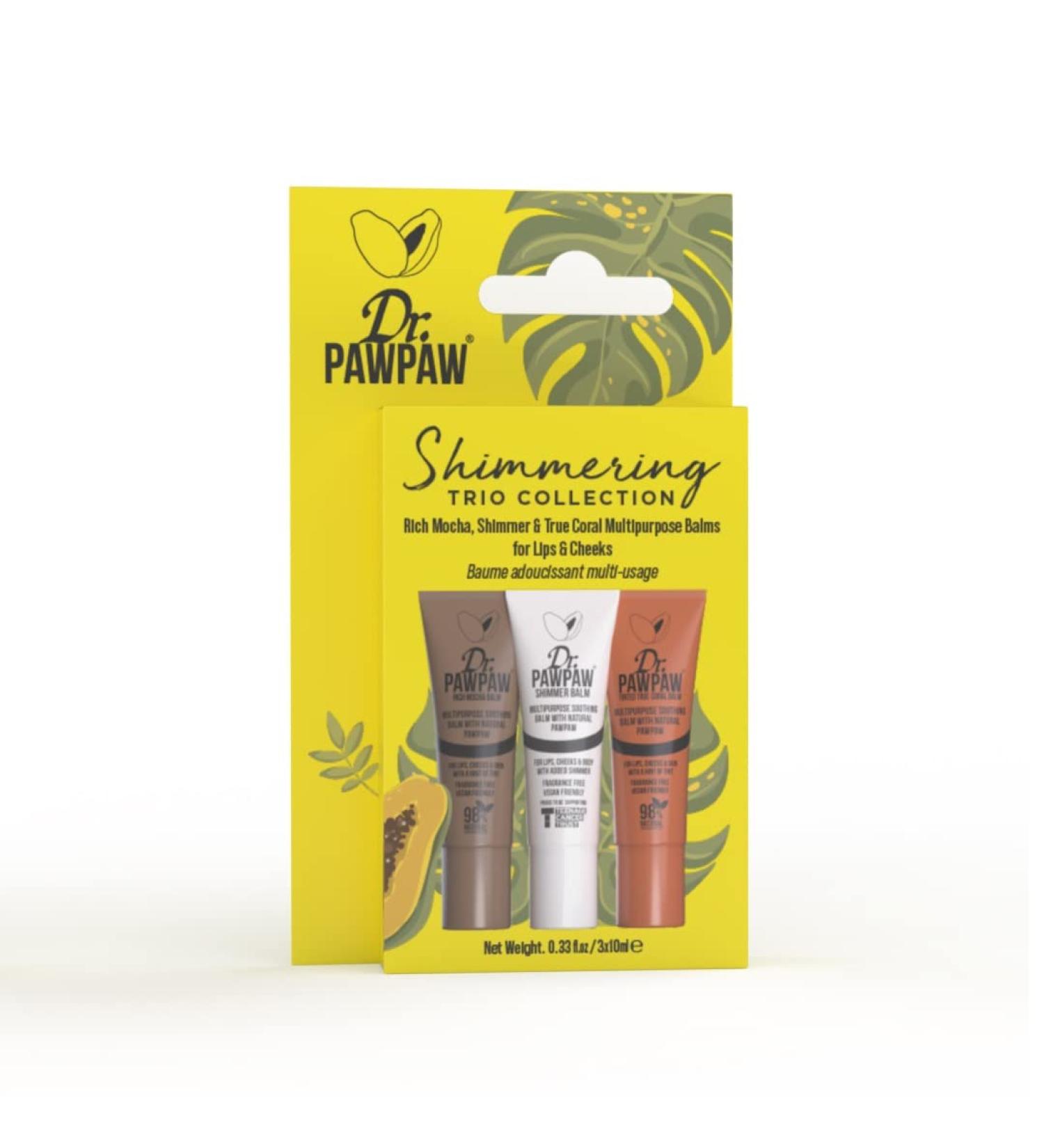 Dr.PAWPAW Shimmering Trio Gift Set: Shimmer True Coral Rich Mocha Multi-Purpose Natural No Fragrance Balm for Hydrating Lips Skin Hair Cuticles Nails & Beauty Finishing (10 ml each)