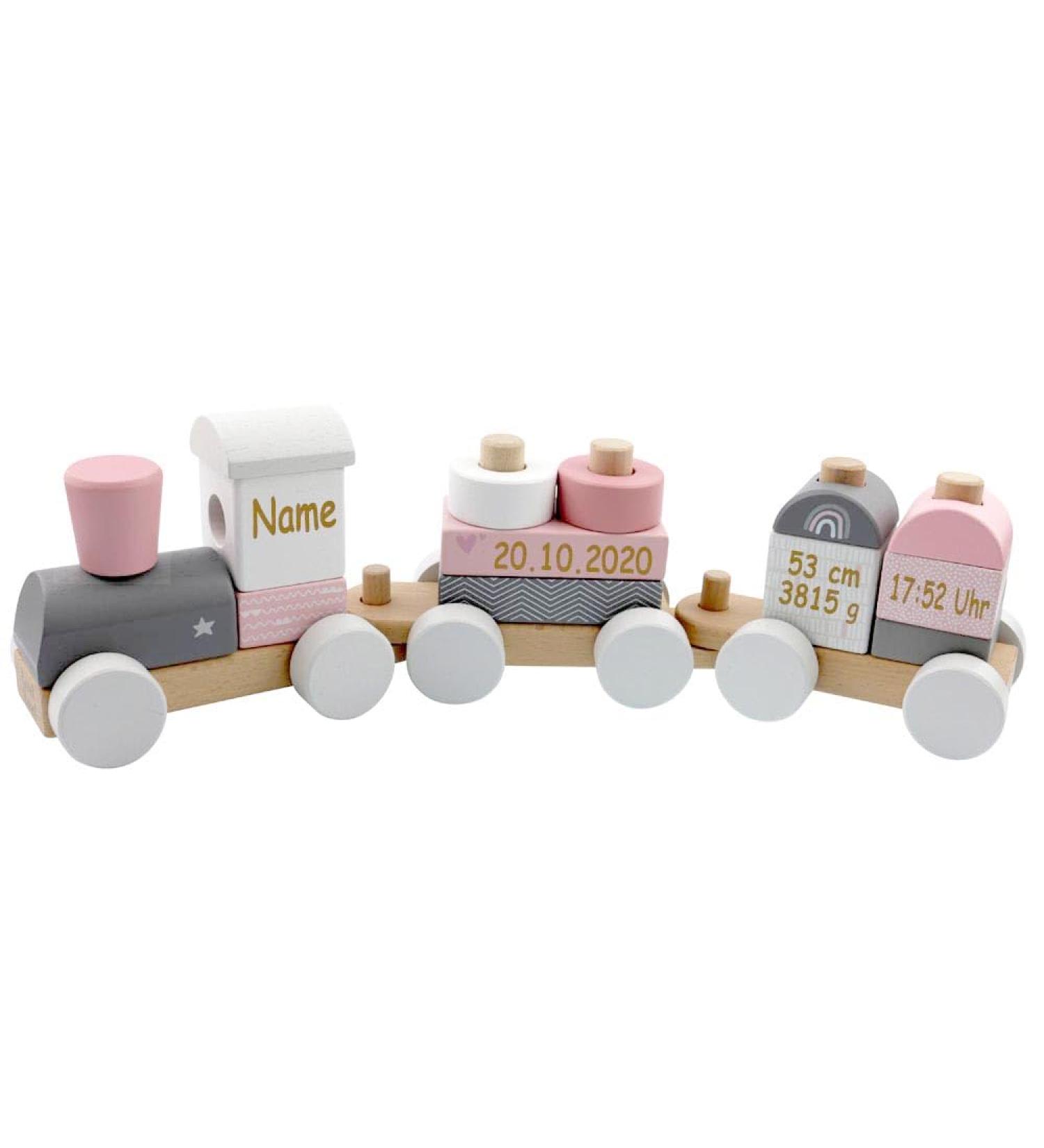 Customizable Elefantasie Pink Wooden Train - Engraved Baby Gift with Name & Date of Birth | International Shipping - Buy Online on GoSupps.com
