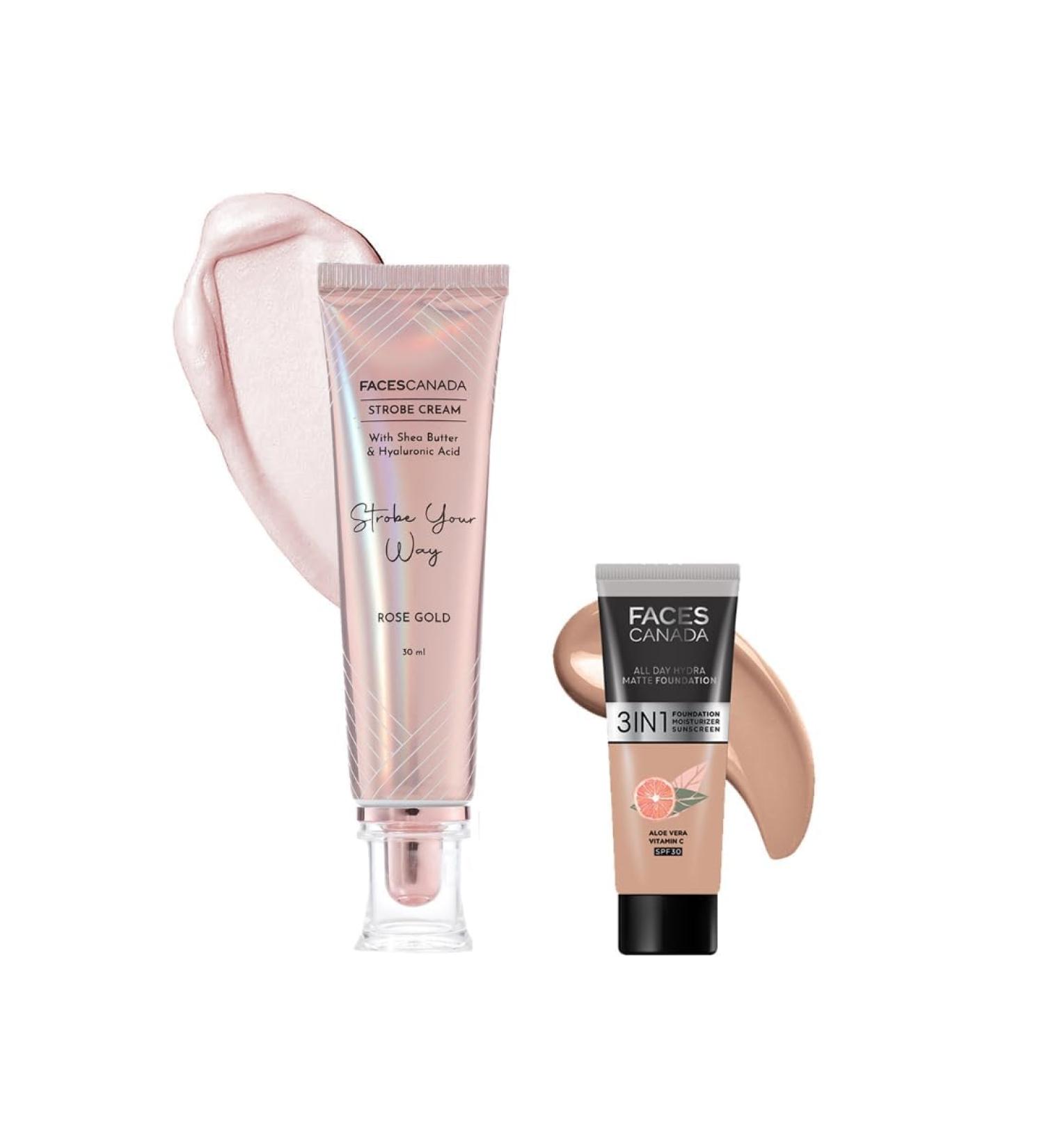 FA..CES/CANADA Rose Glow Kit Medium Coverage Rose Gold Strobe Cream (30Ml) + Warm Natural All Day Hydra Matte Mini Foundation (15Ml) Makeup Kit For Women (Combo Pack Of 2) - Buy Online on GoSupps.com