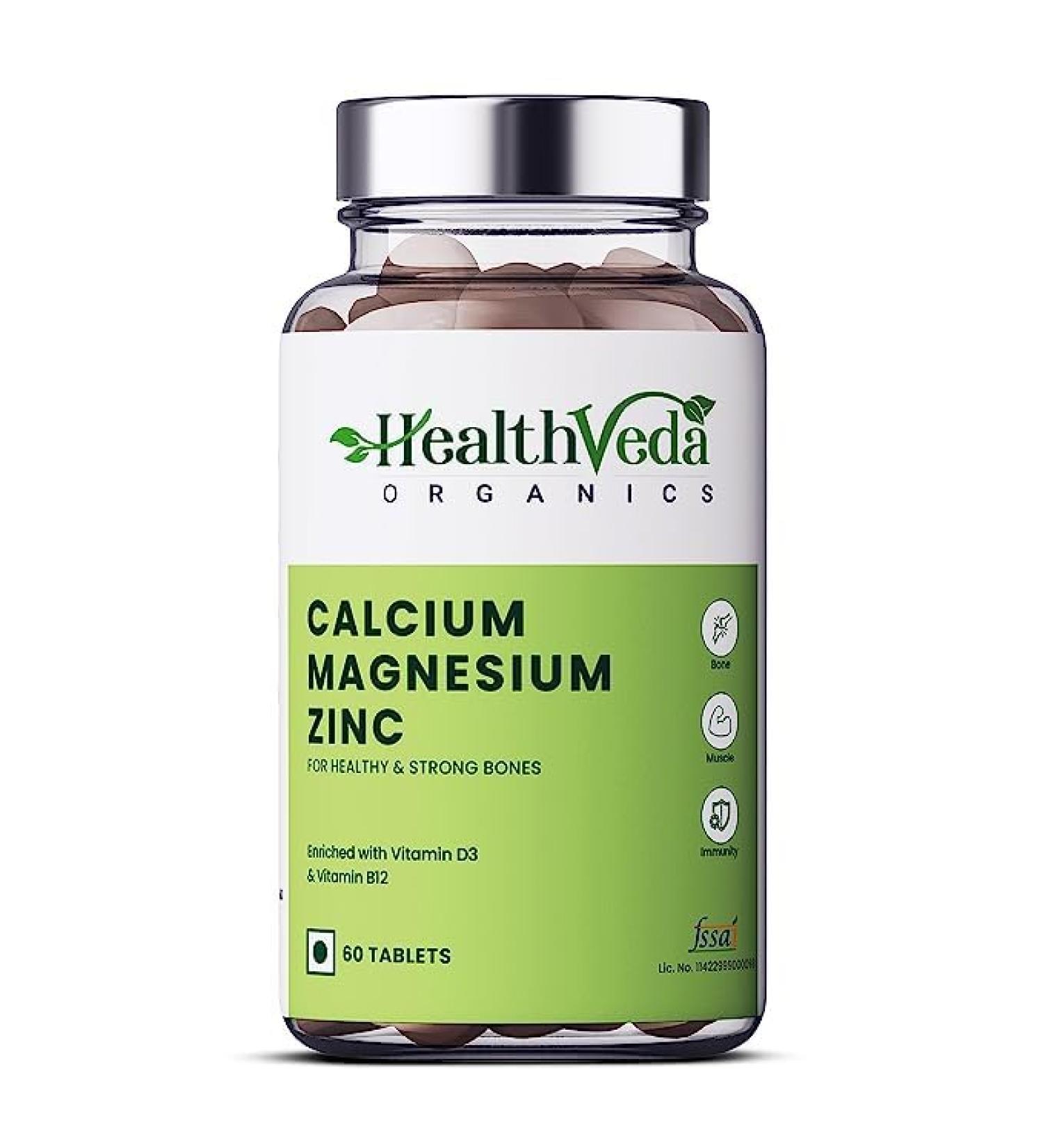 Organic Calcium Magnesium Zinc with Vitamin D3 & B12 1000mg, 60 Veg Tablets - Supports Healthy Bones for Men & Women - Buy Online on GoSupps.com