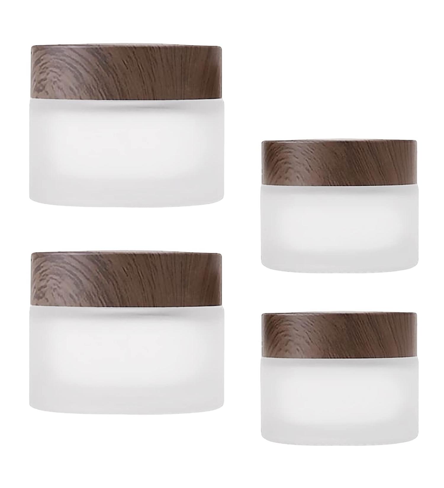 Tuakimce Set of 4 White Matted Glass Cream Cans - 20ml & 30ml Clear Fillable Containers with Lid for Cosmetics & Lottery Brown Wooden Grain Cover - Buy Online on GoSupps.com