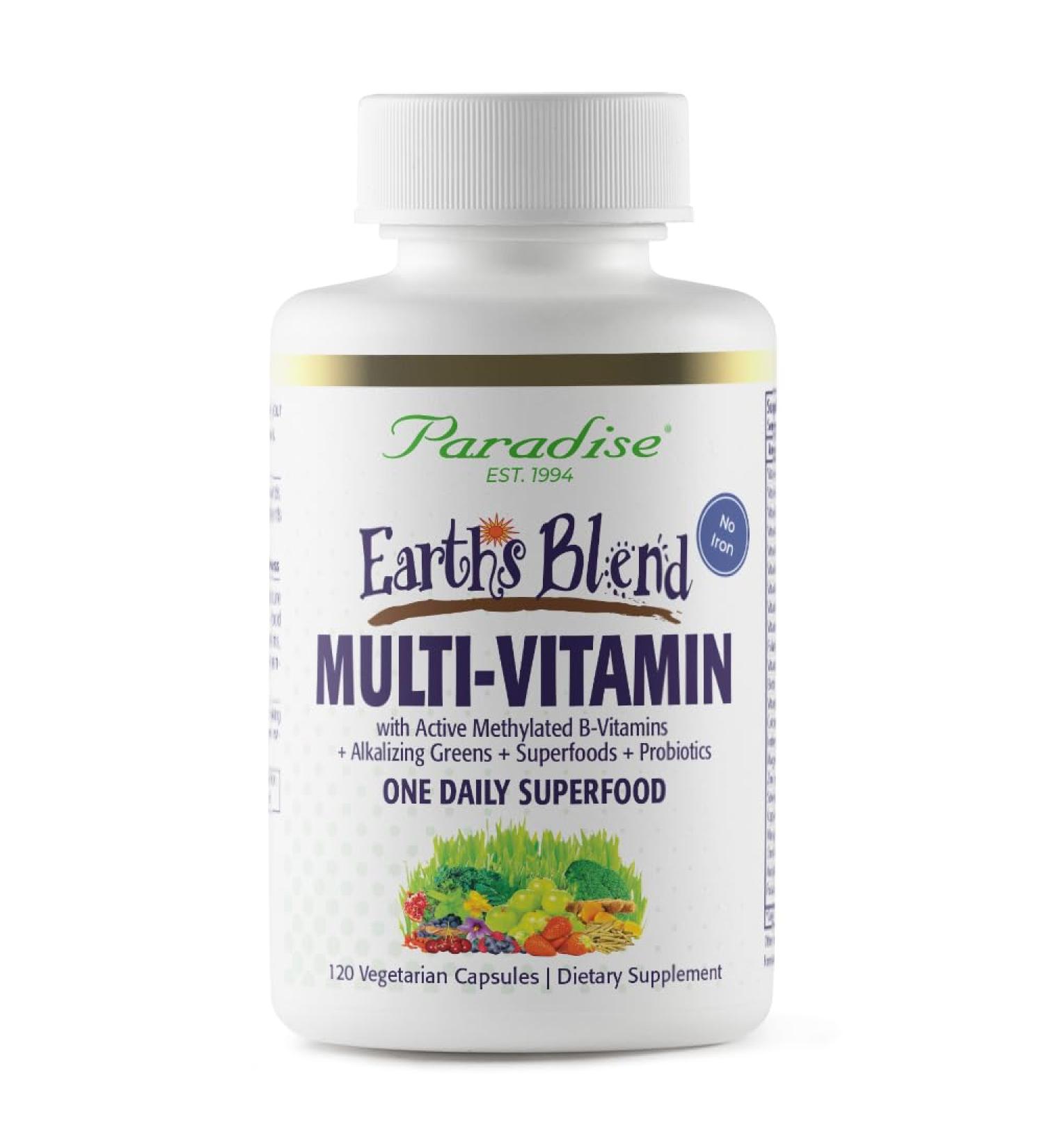 Paradise Herbs Earth's Blend Once Daily Multivitamin for Men, No Iron, 48 Organic Superfoods, Probiotics, Antioxidants, Vitamins A, B12, C, D, K2,120 Count No Iron 120 Count (Pack of 1) - Buy Online on GoSupps.com