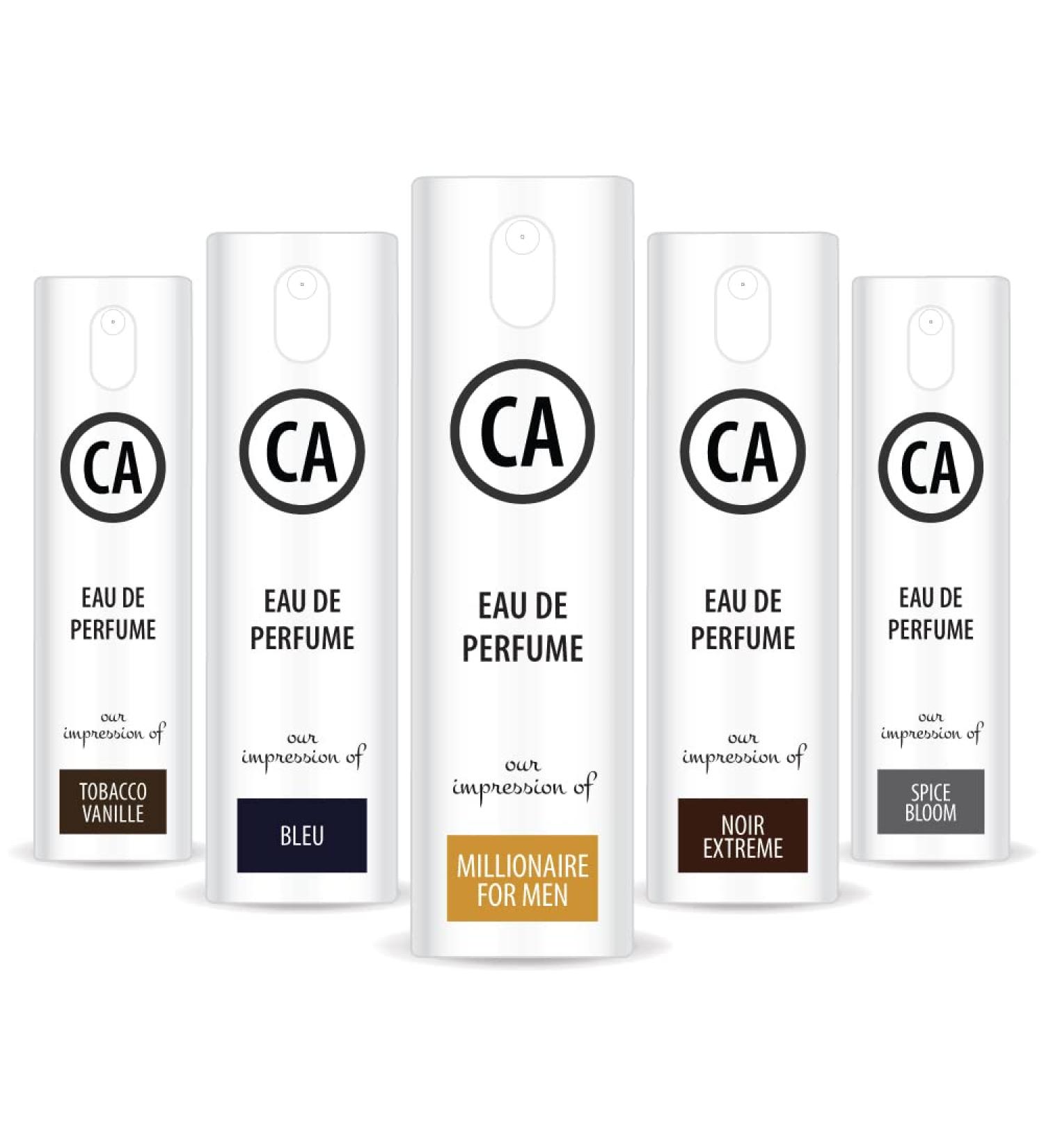 CA Perfume Best Winter Men Set Impression of(Bleu + Millionaire for men + Spice Bloom + Tobacco Vanilla + Noir extreme) Fragrance Sample Travel Size Parfum Sprayer (0.3 Fl Oz/10 ml) x5 - Buy Online on GoSupps.com