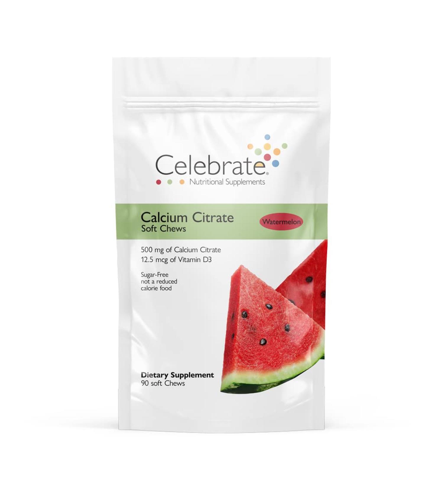 Celebrate Vitamins Bariatric Calcium Citrate Soft Chews with Vitamin D3 500mg Sugar-Free & Gluten-Free Calcium Citrate for Bariatric Patients Watermelon 90 count