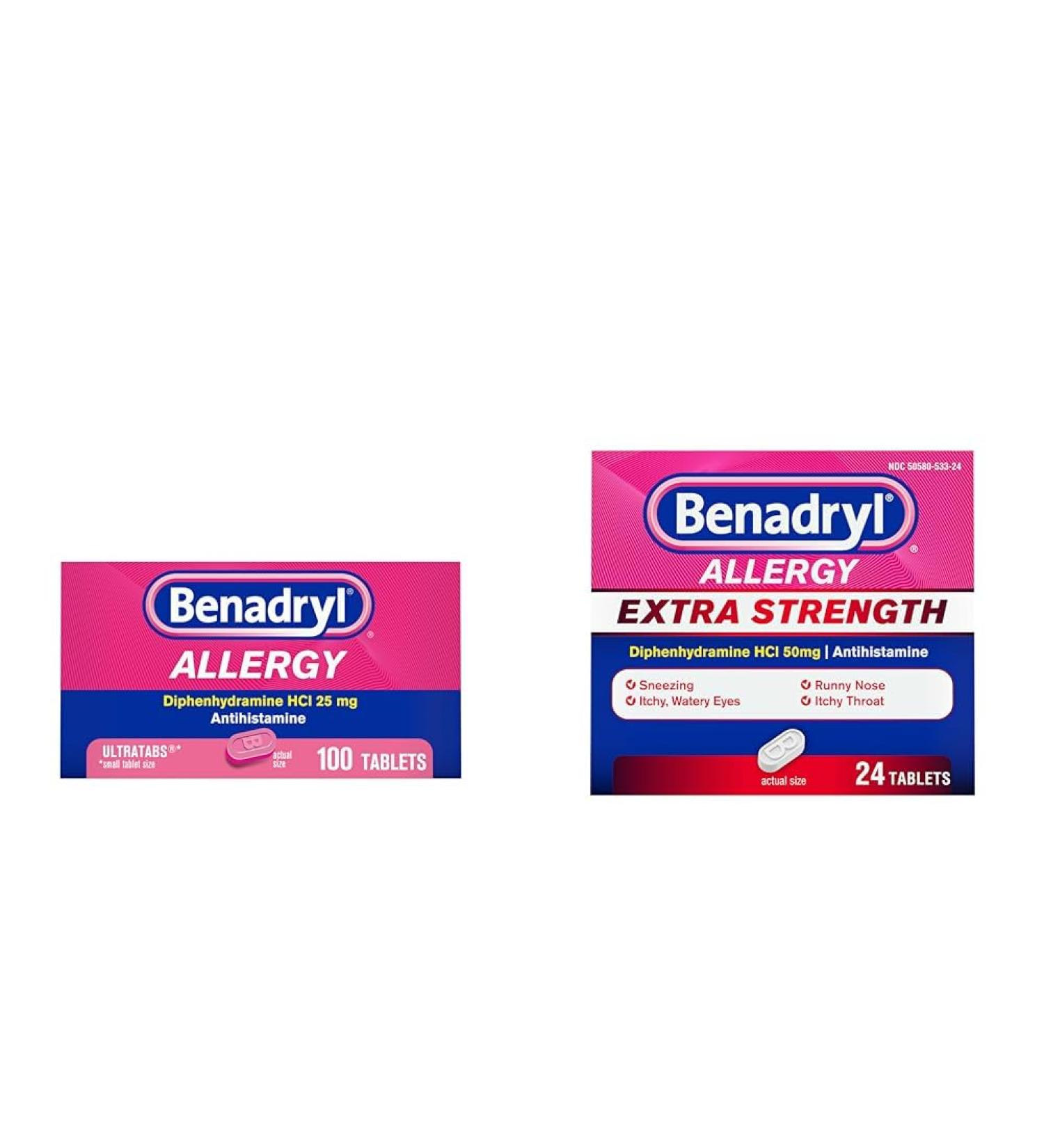 Benadryl Allergy Relief Tablets 100ct & Extra Strength Antihistamine 50mg Diphenhydramine 24ct Benadryl Ultratabs 100ct + Allergy Relief Unflavored 100 Count (Pack of 1) - Buy Online on GoSupps.com