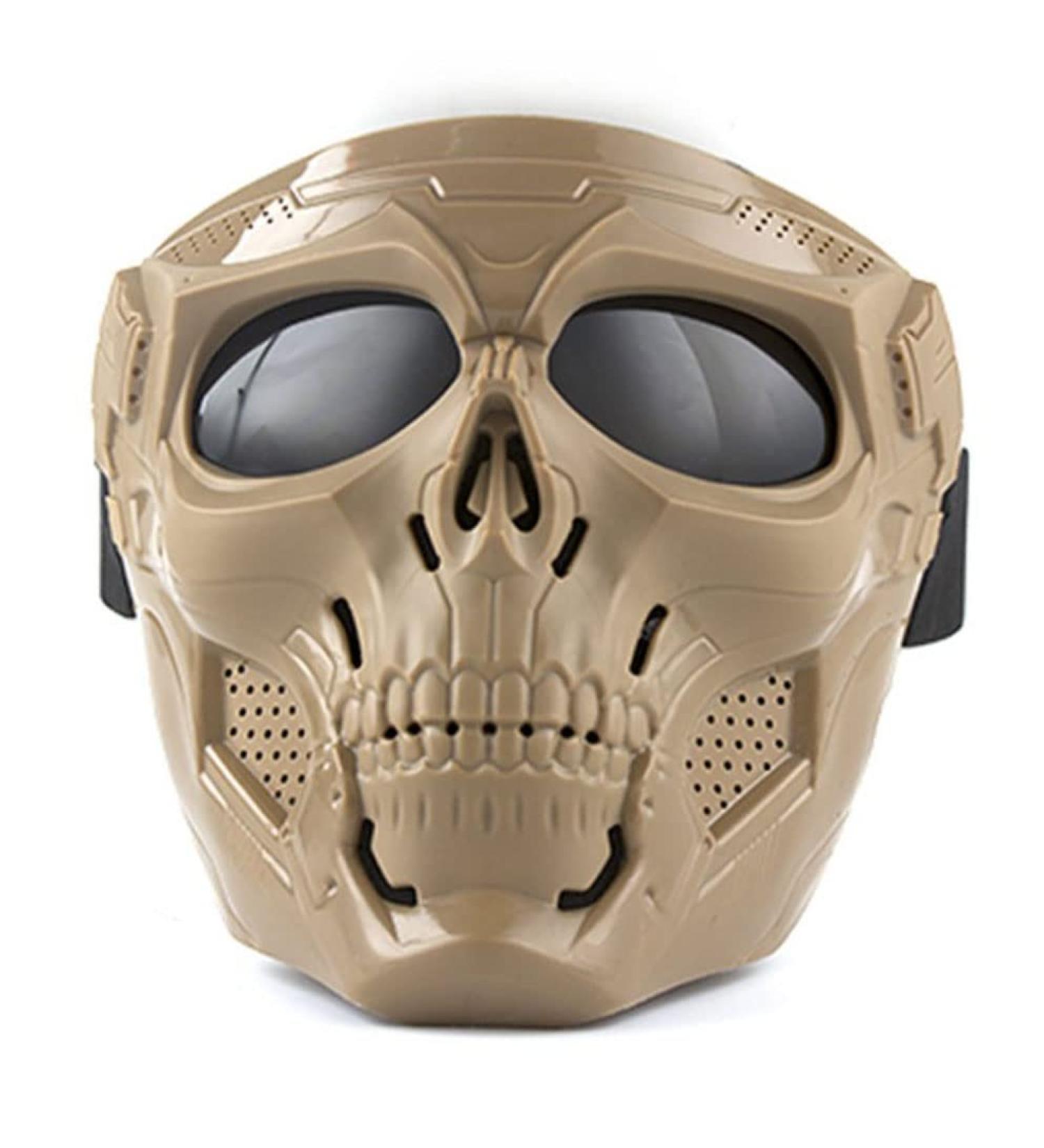 Full Face Skull Skeleton Tactical Mask with Goggles for Halloween & Outdoor Activities - Tan Gray Lens - Buy Online on GoSupps.com