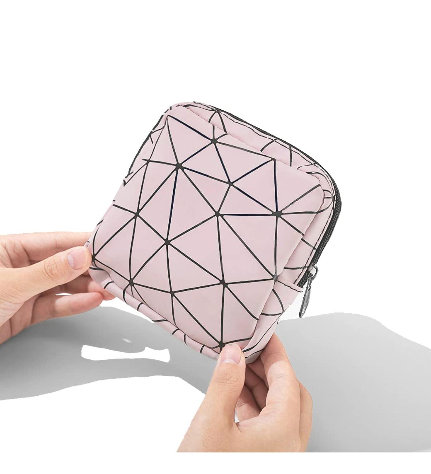 OWTING Sanitary Napkin Storage Bag Menstrual Cup Pouch Girls Travel Geometric Stitching Small Makeup Sanitary Pads Organizer Small Portable Large Capacity (Light Pink)1