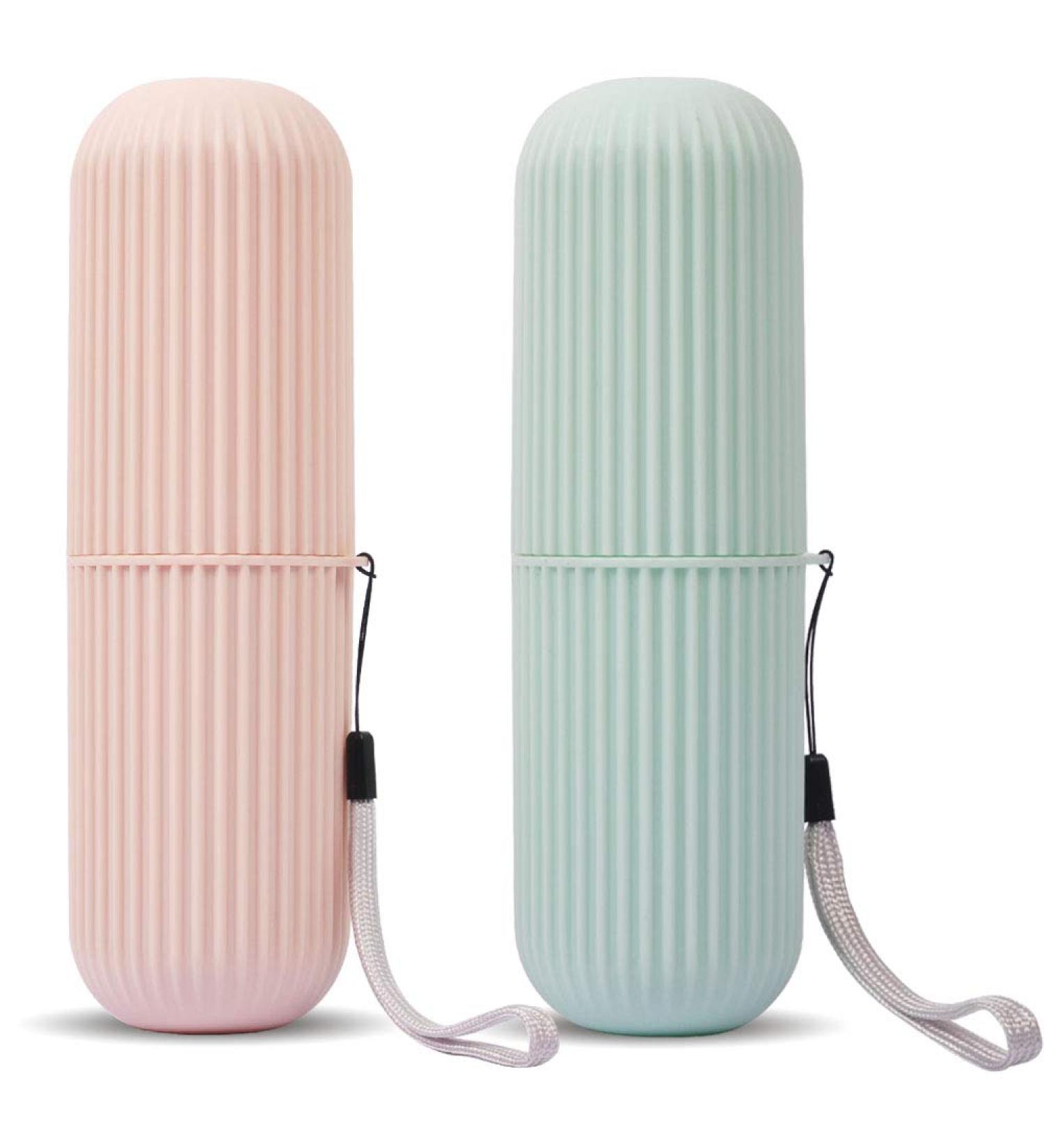 Travel Toothbrush Case 2 Pack - Portable Wash Cup Holder for Business Trips - Green/Pink Organizer - Buy Online on GoSupps.com