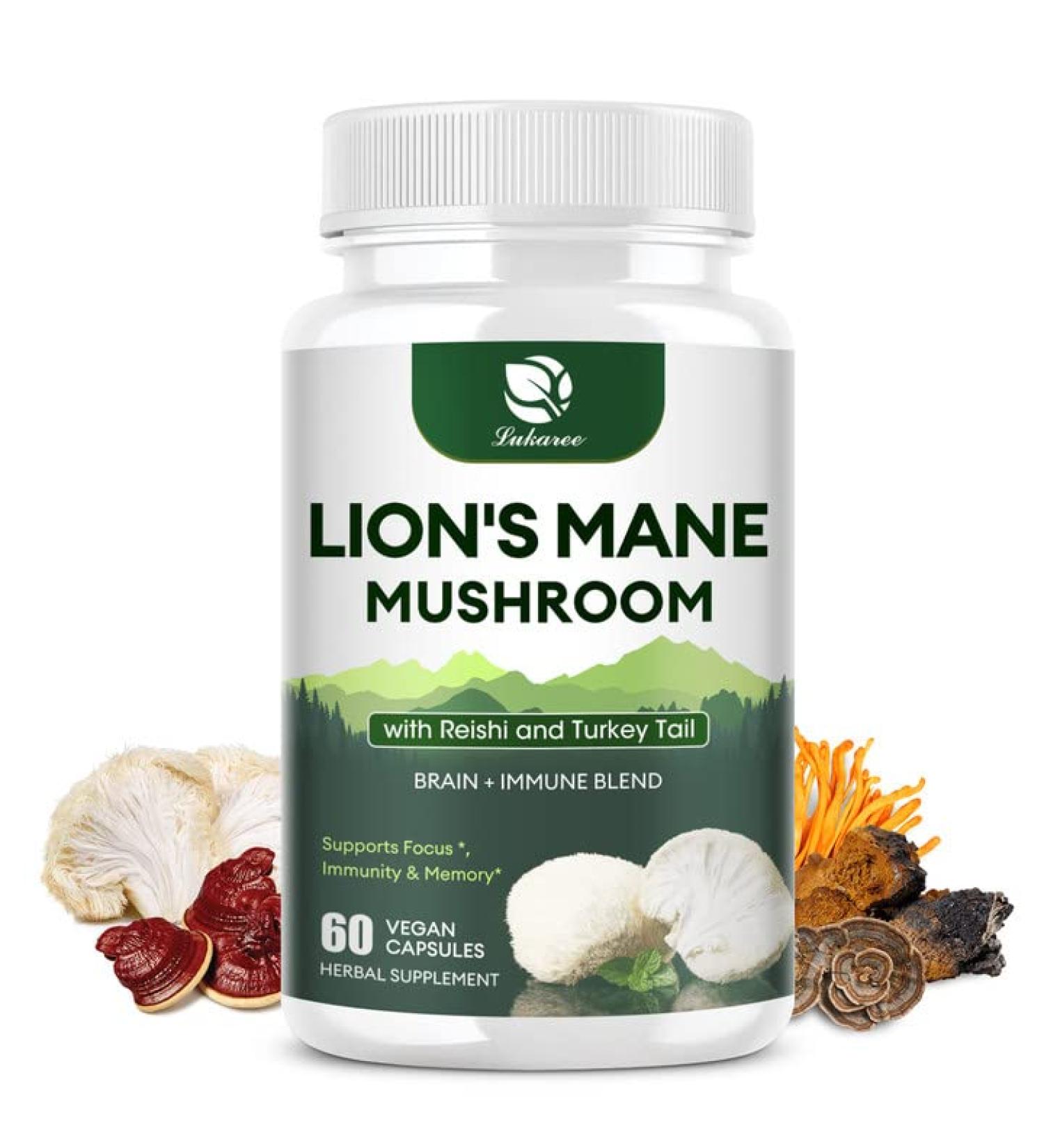Lions Mane & Turkey Tail Mushroom Capsules with Cordyceps & Reishi - Brain Support & Immune Health - 60 Count - USA Made - Buy Online on GoSupps.com