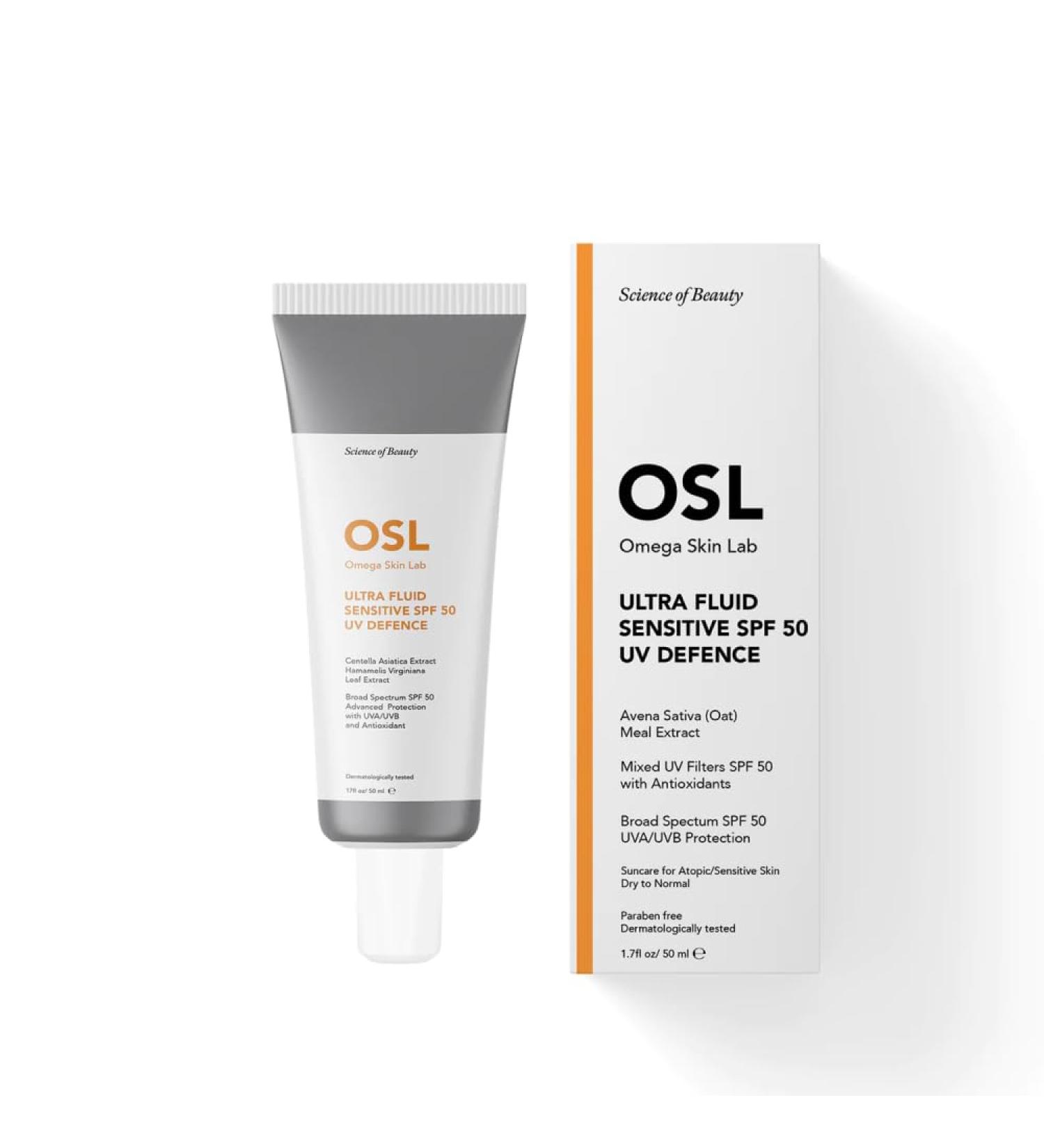 OSL Omega Skin Lab OSL Ultra Fluid Sensitive Sun Cream SPF 50 Face Moisturiser - UV Defence 50ML - Perfect for Dry Sensitive Allergic Skin - Enriched with Avena Sativa Meal Extract - Buy Online on GoSupps.com