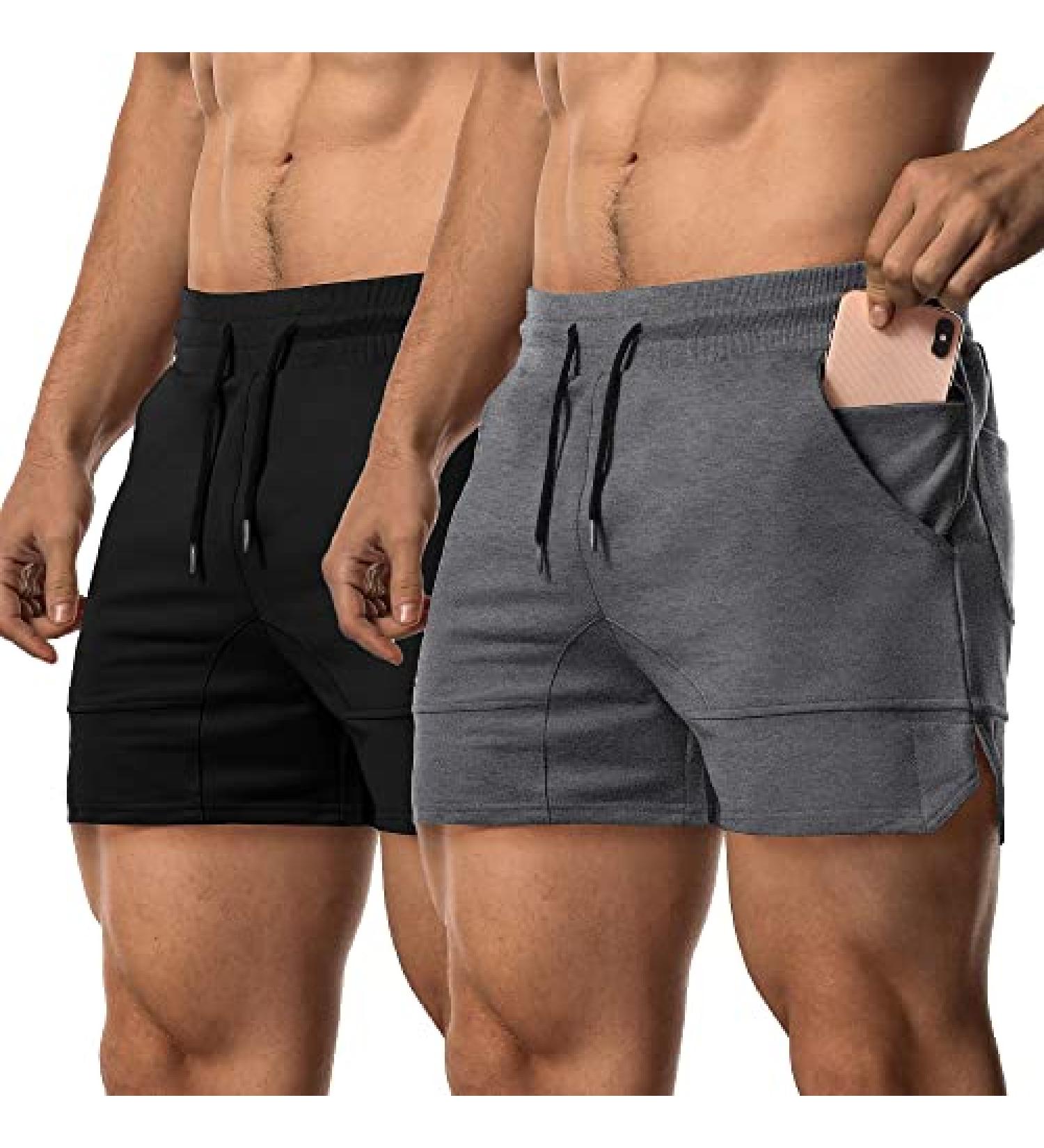 EVERWORTH Men's Gym Workout Shorts 2 Pack - Solid Bodybuilding Running Training Jogging Short Pants with Zipper Pocket - X-Small - Black/Gray - Buy Online on GoSupps.com