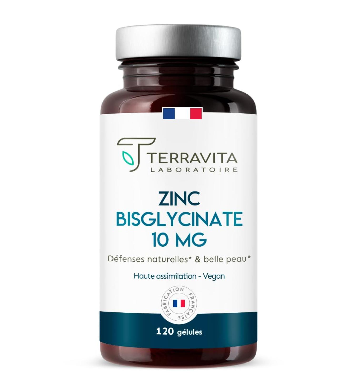 ZINC Pure Bisglycinate | TRAACS Patented Zinc Dietary Supplement | Superior Assimilation to Zinc Citrate and Gluconate (+43%) | Skin and Immunity | 120 Vegetable Capsules | Made in France | Terravita - Buy Online on GoSupps.com