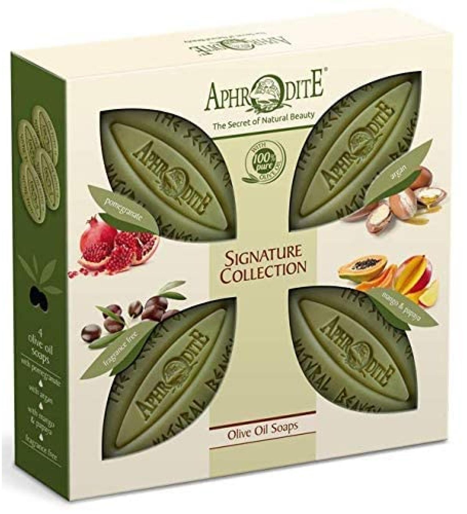 Aphrodite Natural Cosmetics | 4-Part Olive Oil Soap Set - Perfume-Free Unique Scents for Healthy Skin | Argan Pomegranate Mango & Papaya | 85g Each - Buy Online on GoSupps.com