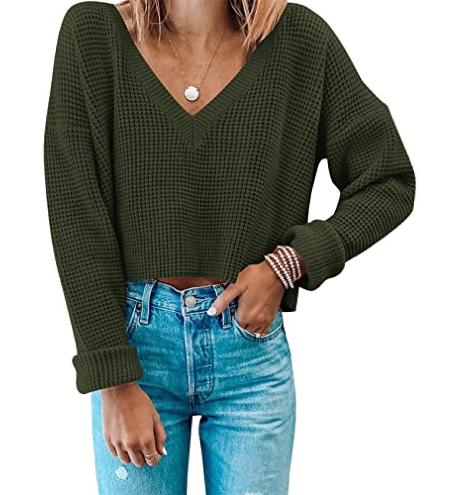 MIROL Women's Waffle Knit V Neck Cropped Sweater - Armygreen