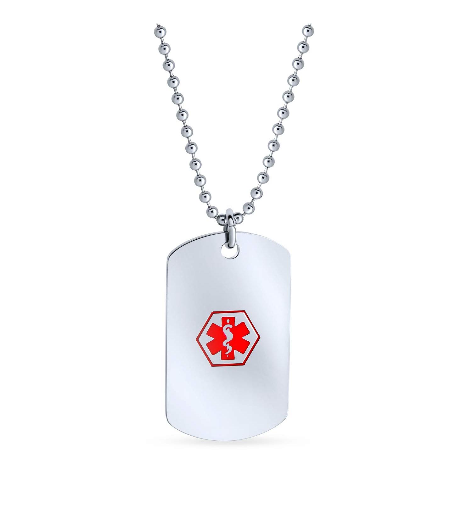 Bling Jewelry Pre-Engraved Medical ID Tag Pendant Necklace for Diabetic Men & Teens - Silver Tone Stainless Steel - Sizes SM MED LG - Buy Online on GoSupps.com