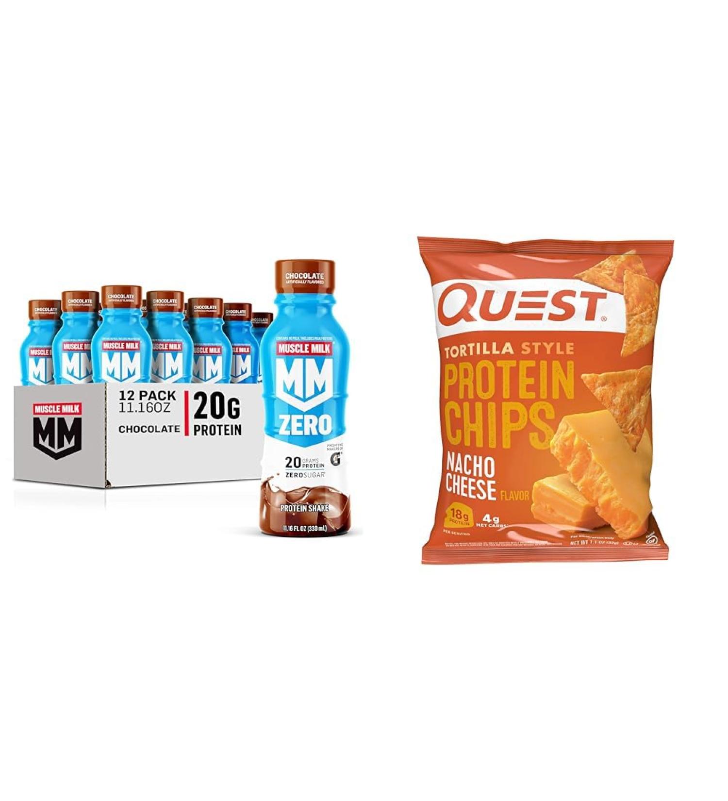 Muscle Milk Zero Protein Shake Chocolate 20g Protein Pack of 12 & Quest Nacho Cheese Protein Chips Pack of 12 - Buy Online on GoSupps.com