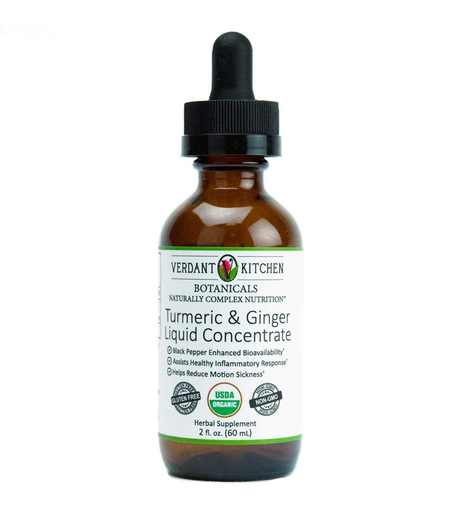VERDANT KITCHEN Turmeric and Ginger Liquid Concentrate with Black Pepper, USDA Organic alcohol free. USA Designed and Made, whole root raw process 2 fl oz