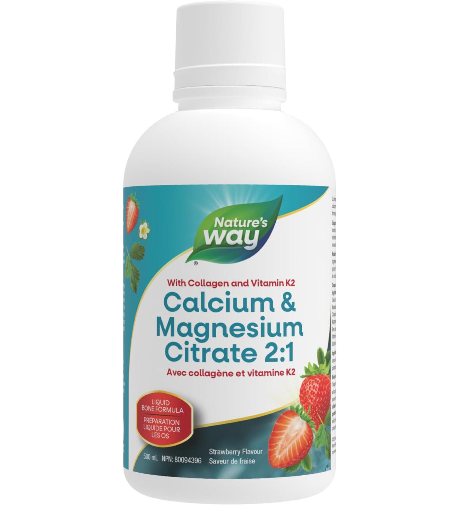 Nature's Way Calcium and Magnesium Citrate 2:1 - Liquid Supplement with Vitamin K2 and Collagen Helps Support the Maintenance of Bones and Teeth Strawberry Flavour 500 mL Packing may vary - Buy Online on GoSupps.com
