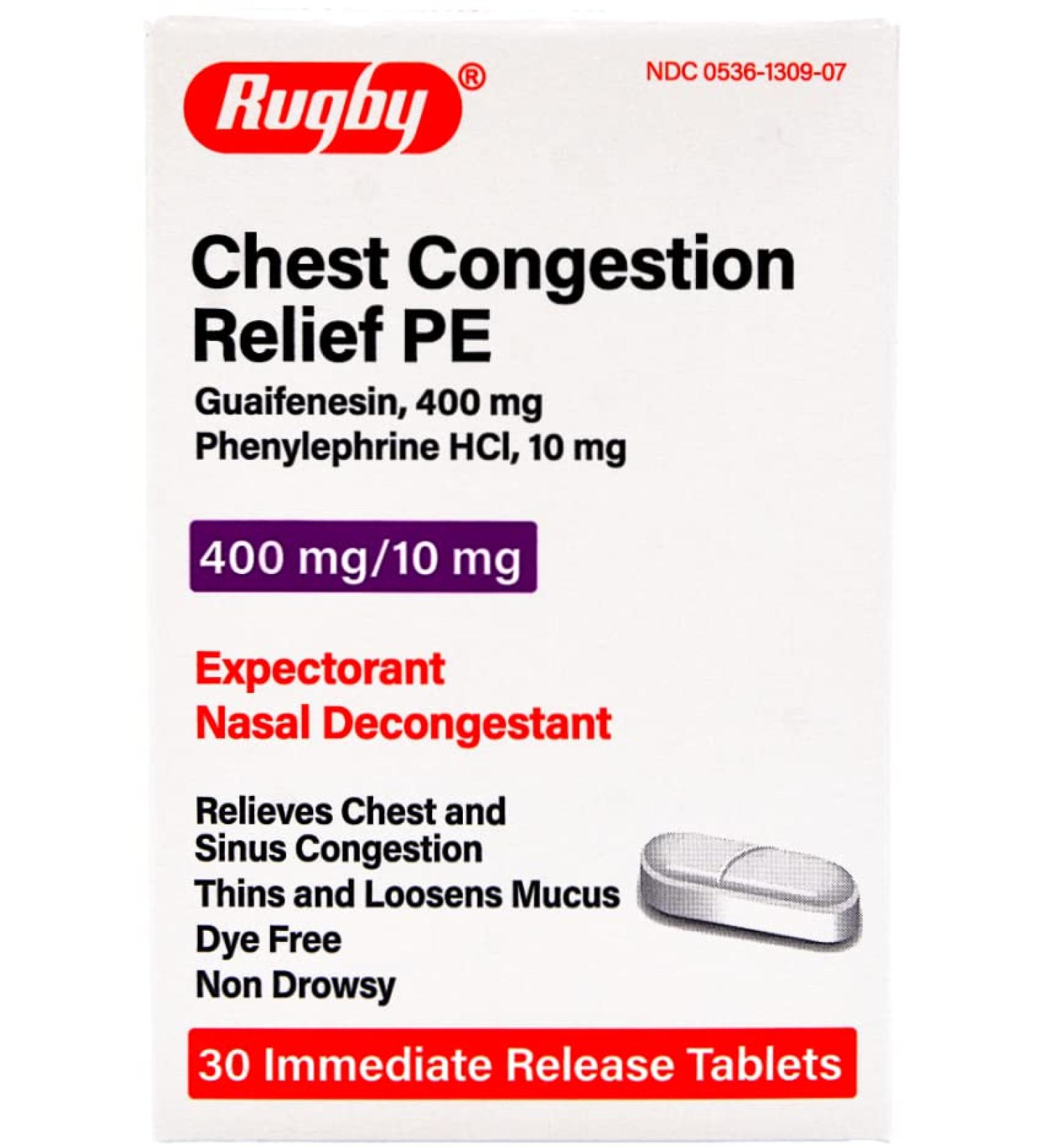 Rugby Chest Congestion Relief Tablets - Guaifenesin 400mg & Phenylephrine HCl 10mg - Sinus Decongestant - 30 Tablets - Buy Online on GoSupps.com
