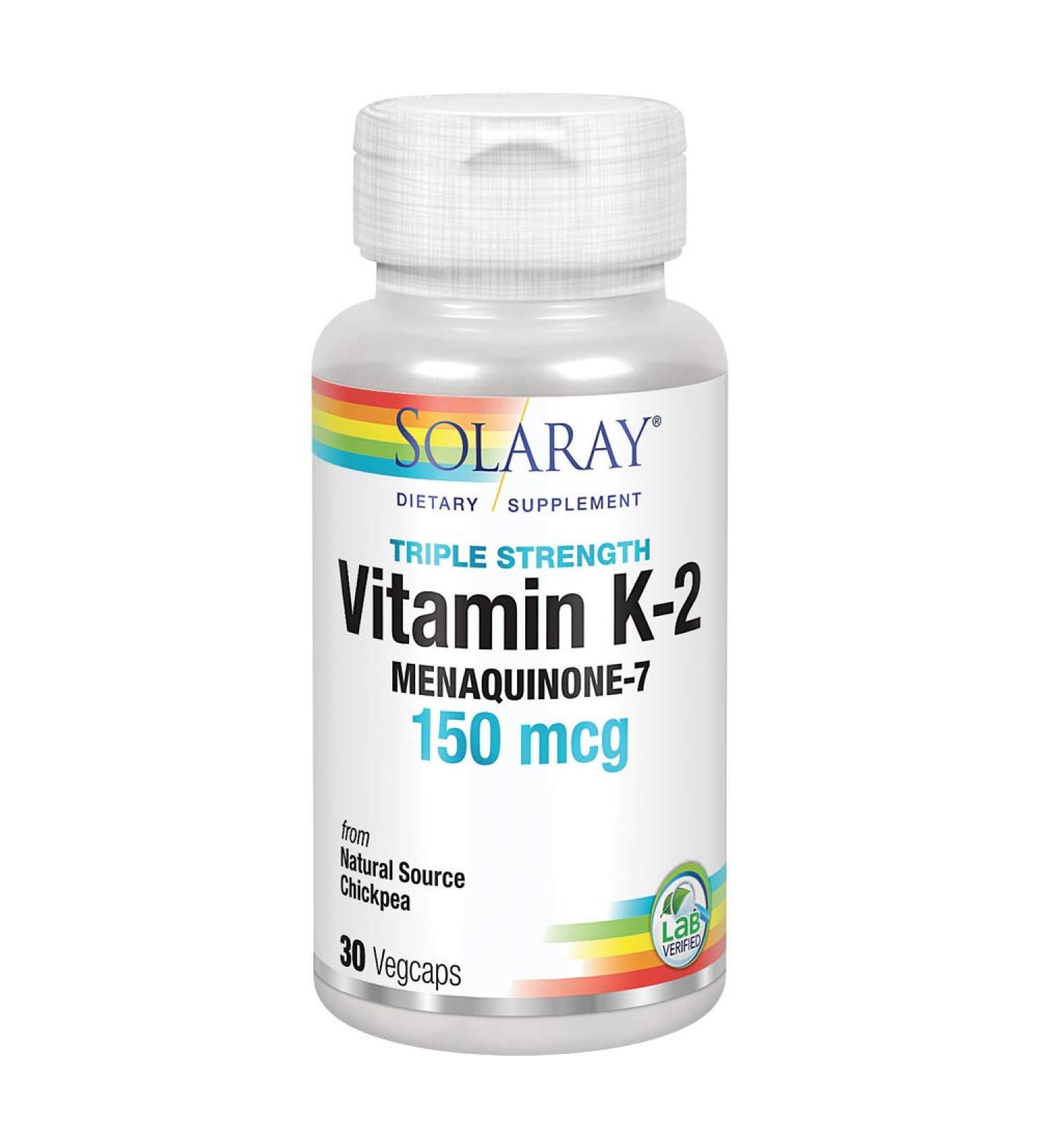 Buy Solaray Triple Strength Vitamin K-2 Menaquinone-7 150 mcg | 30 VegCaps for Optimal Health - Buy Online on GoSupps.com