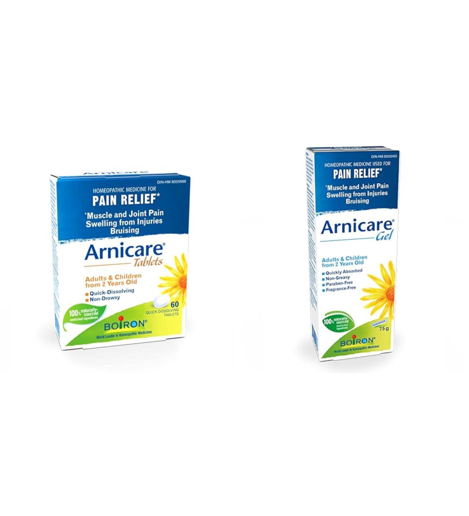 Boiron Arnicare Tablets 60 Tablets Homeopathic Medicine for Muscle and Joint Pain Relief Swelling & Arnicare Gel 75g for Pain Relief for the relief of muscle pain and joint pain - Buy Online on GoSupps.com