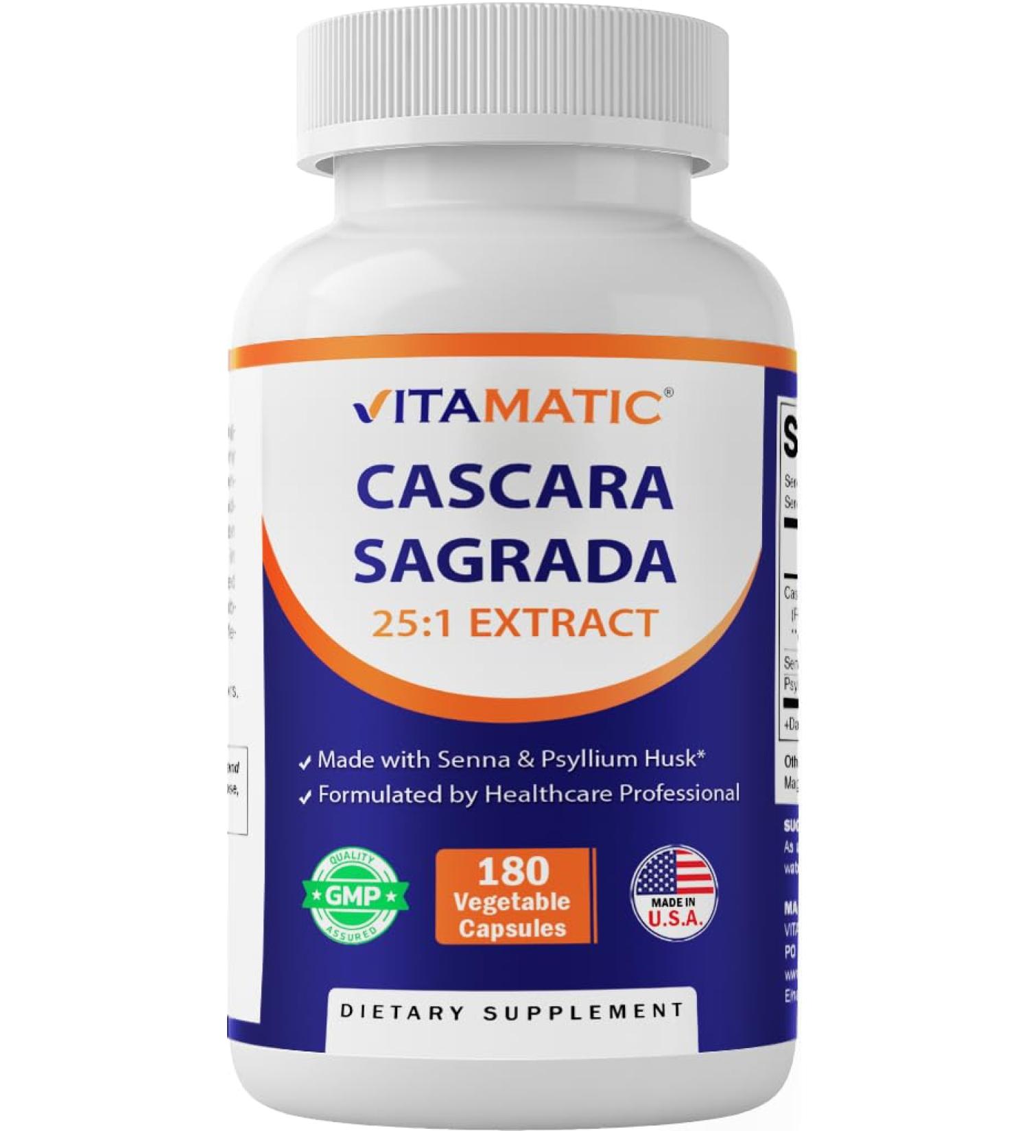 Vitamatic Cascara Sagrada Made with Senna & Psyllium Husk - 180 Veg Capsules - Concentrated 25X Potency - All Natural - Non-GMO - Buy Online on GoSupps.com