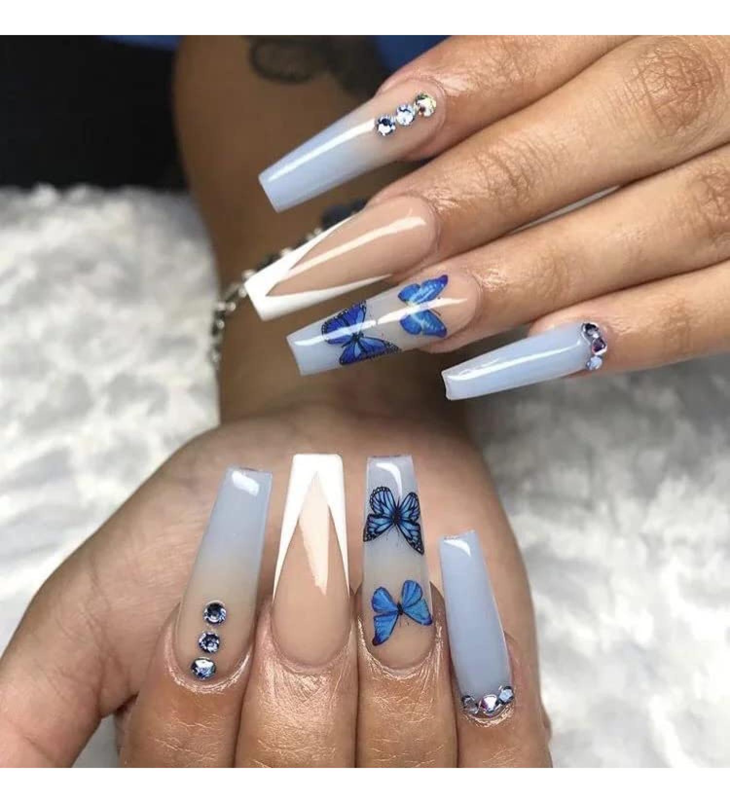 Brishow Butterfly Coffin False Nails - 24pcs French Long Acrylic Stick on Nails, Blue Assortment for Women and Girls - Buy Online on GoSupps.com