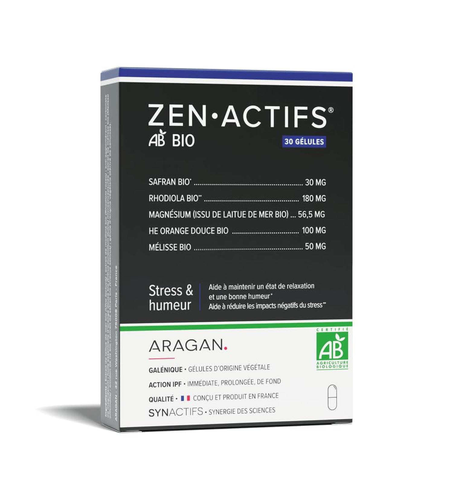 ARAGAN - Synactives - Zenactif Bio - Anti-Stress Dietary Supplement - Rhodiola Organic Lemon Balm Extracts Organic Saffron and Vitamins - 30 capsules - 15 days to 1 month taken - Made in France - Buy Online on GoSupps.com
