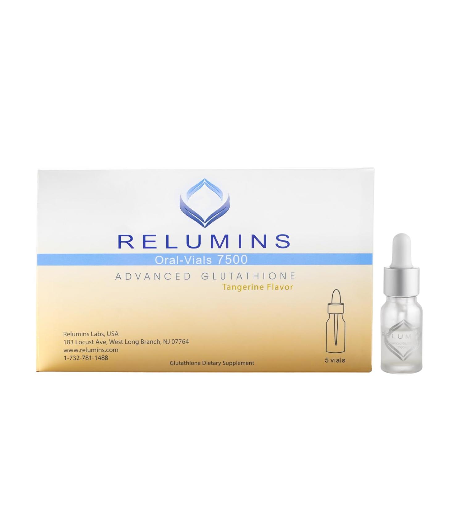 Relumins Liquid Glutathione Oral Supplement 7500mg Advanced Formula with Vitamin C Booster Fast Absorbing Tangerine Flavor Vegan Halal & Kosher Certified 5 Mini Bottles 7500mg Tangerine - Buy Online on GoSupps.com