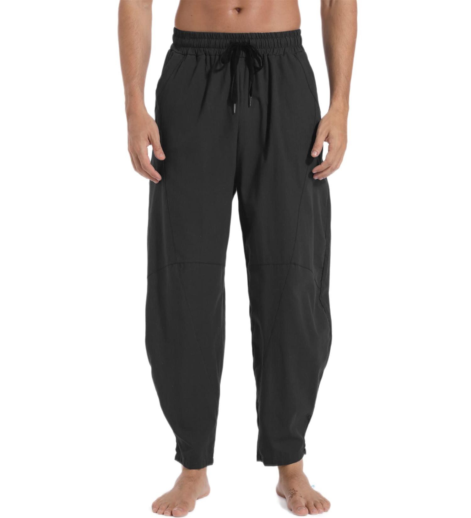 PaceiADTA Men's Cotton Linen Drawstring Pants - Elastic Waist Summer Beach Yoga Pants (Black, M) - Buy Online on GoSupps.com
